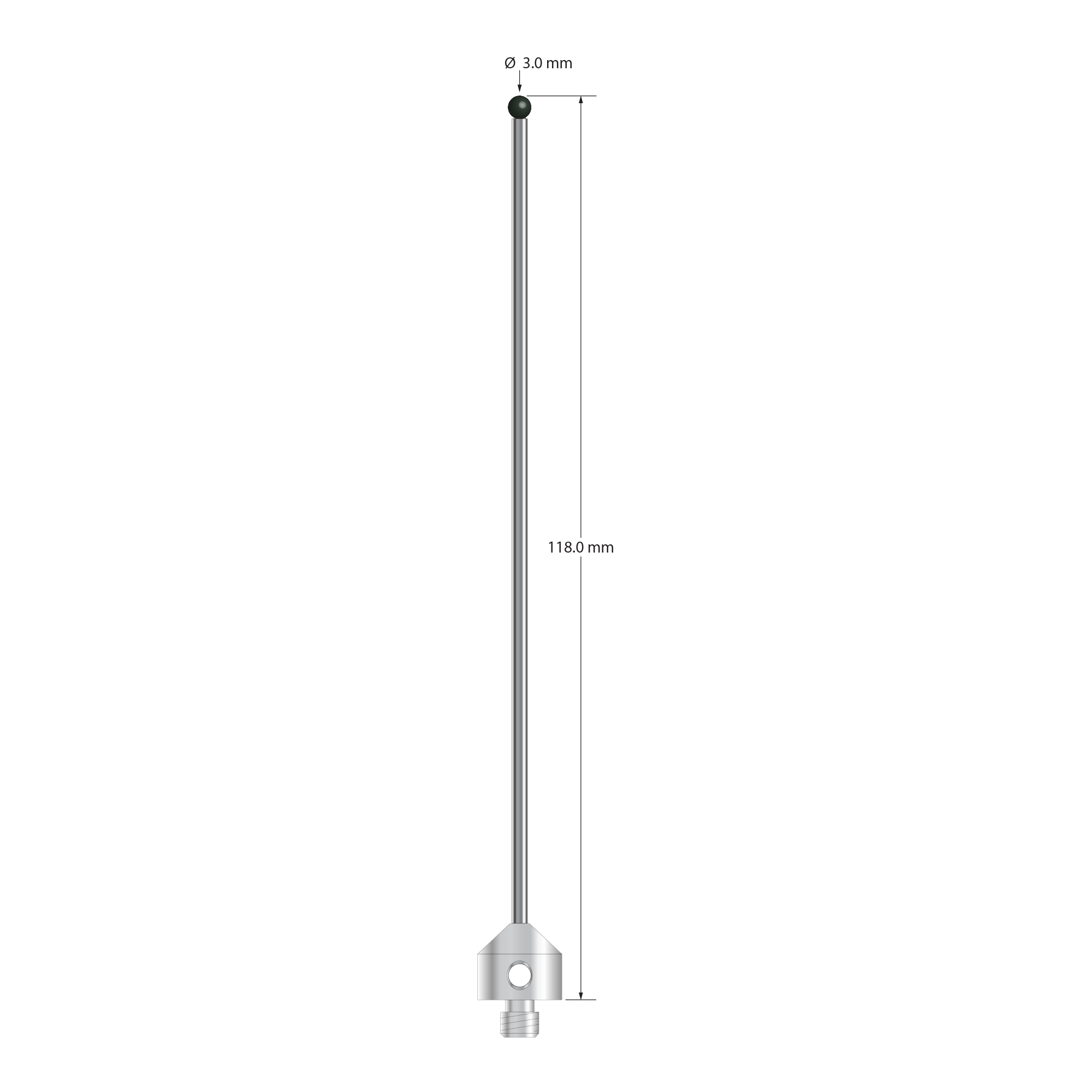M5 stylus with 3.0 mm diameter silicon nitride ball, 2.0 mm diameter carbide stem, and 11.0 mm diameter x 10.0 mm long stainless steel base. Overall stylus length is 118.0 mm. Stylus weight is 10.54 grams.