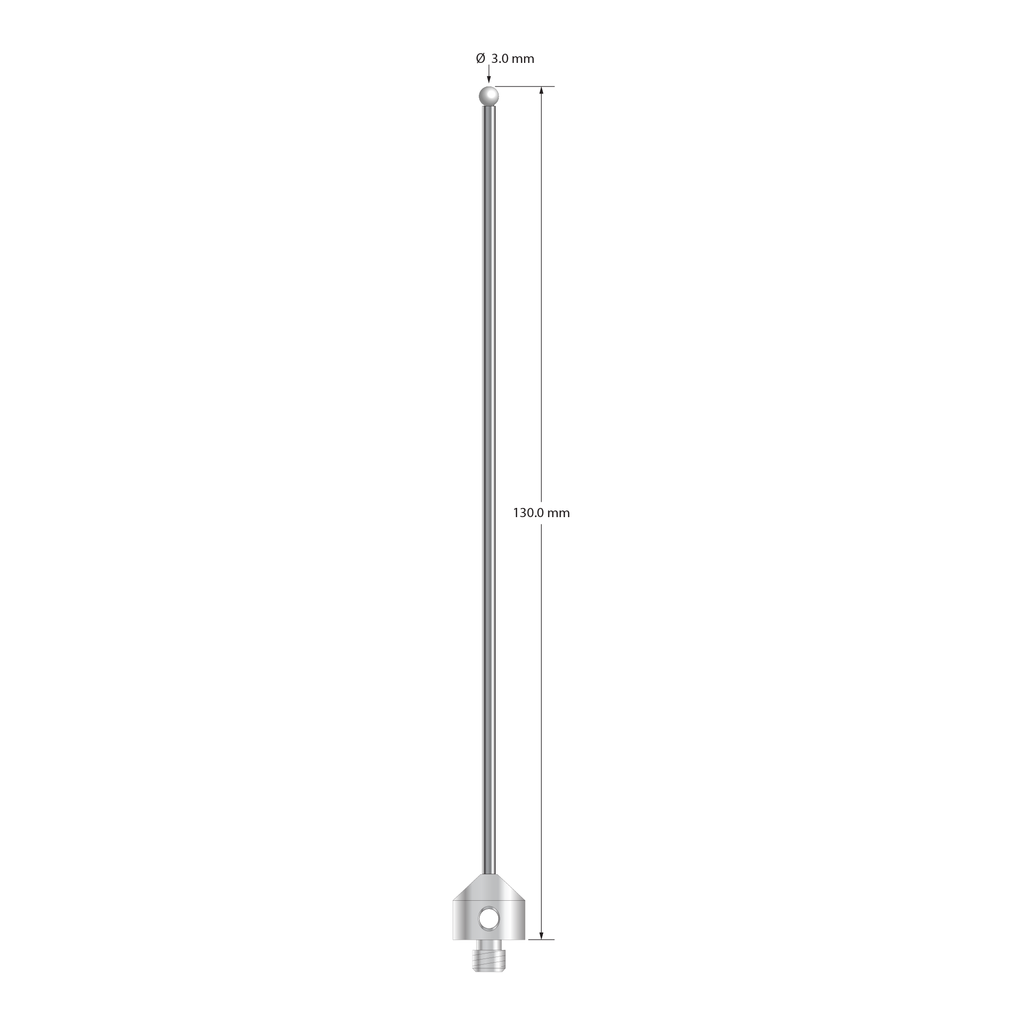 M5 stylus with 3.0 mm diameter zirconia ball, 2.0 mm diameter carbide stem, and 11.0 mm diameter x 10.0 mm long stainless steel base. Overall stylus length is 120.0 mm. Stylus weight is 10.63 grams.