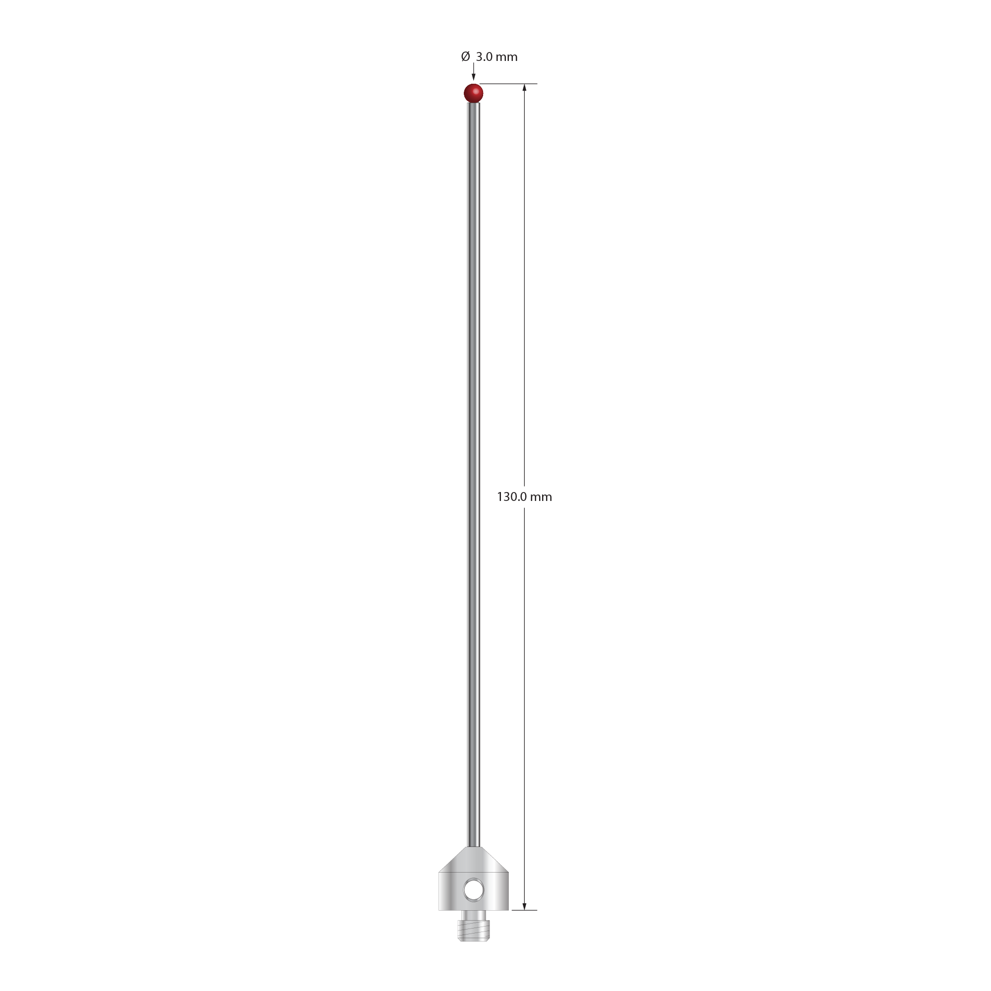 M5 stylus with 3.0 mm diameter ruby ball, 2.0 mm diameter carbide stem, and 11.0 mm diameter x 10.0 mm long stainless steel base. Overall stylus length is 120.0 mm. Stylus weight is 10.63 grams.