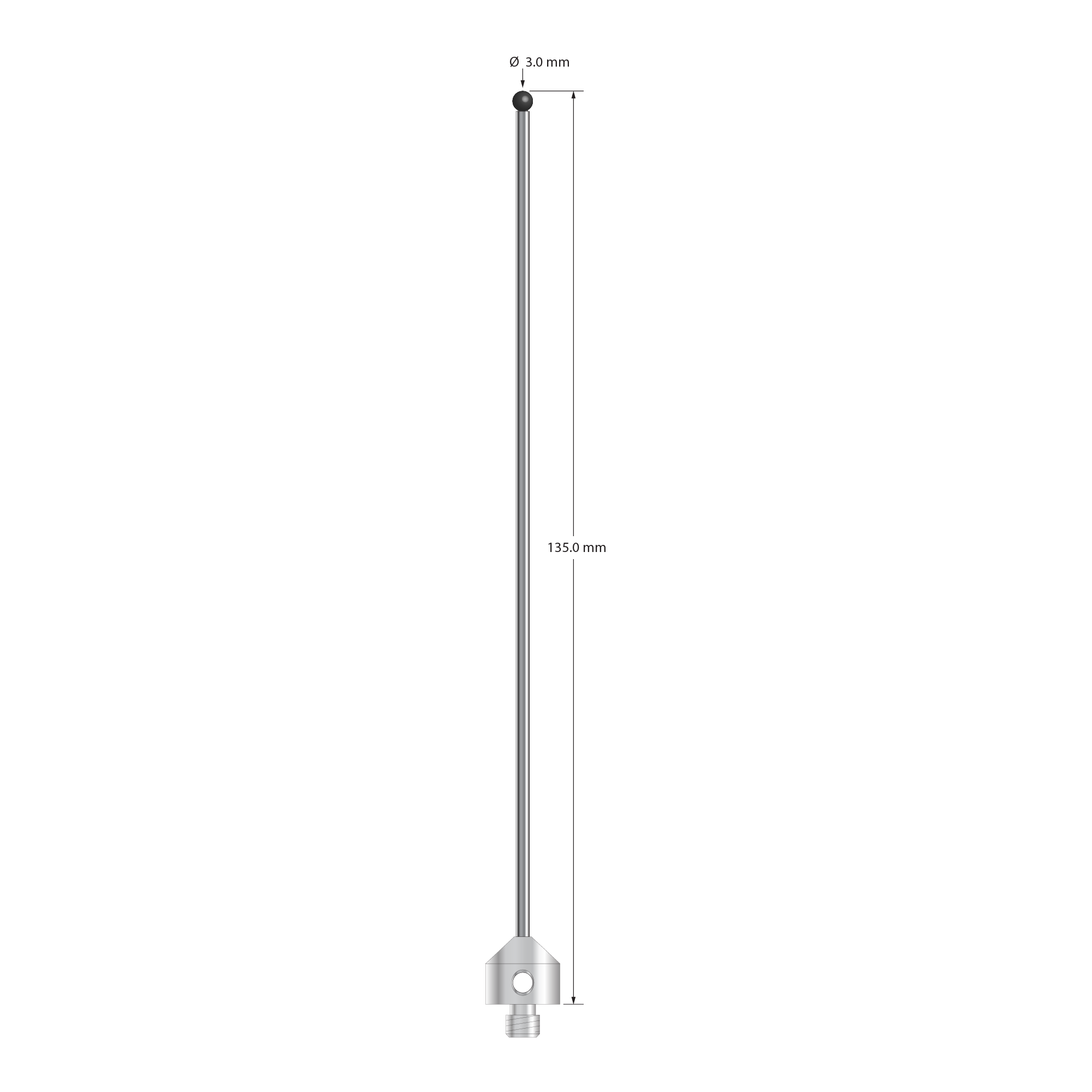M5 stylus with 3.0 mm diameter silicon nitride ball, 2.0 mm diameter carbide stem, and 11.0 mm diameter x 10.0 mm long stainless steel base. Overall stylus length is 135.0 mm. Stylus weight is 11.34 grams. Compare to Zeiss 626115-0301-135.