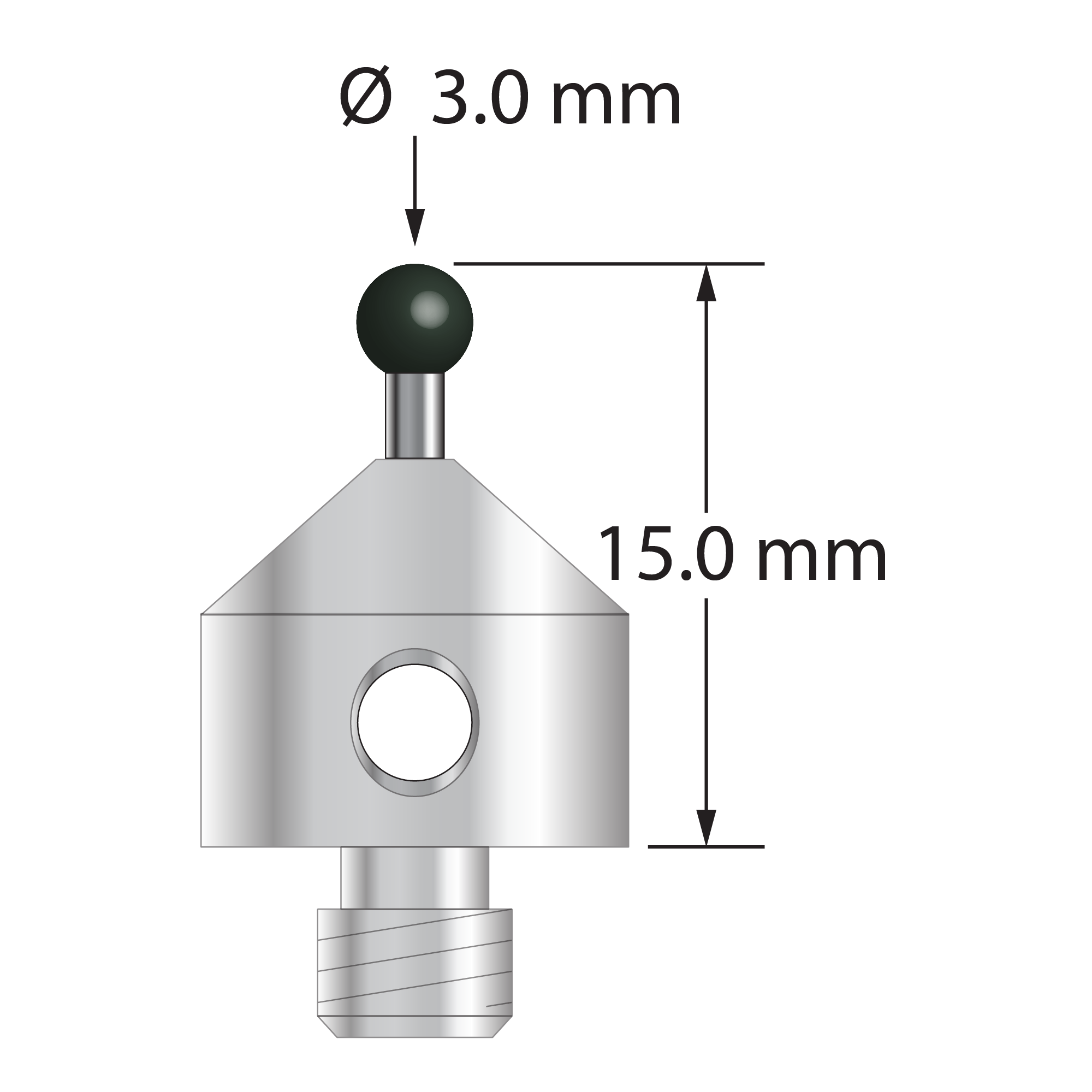 M5 stylus with 3.0 mm diameter silicon nitride ball, 1.5 mm diameter carbide stem, and 11.0 mm diameter x 10.0 mm long stainless steel base. Overall stylus length is 15.0 mm. Stylus weight is 5.63 grams.