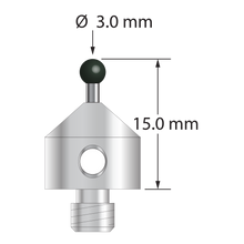 M5 stylus with 3.0 mm diameter silicon nitride ball, 1.5 mm diameter carbide stem, and 11.0 mm diameter x 10.0 mm long stainless steel base. Overall stylus length is 15.0 mm. Stylus weight is 5.63 grams.