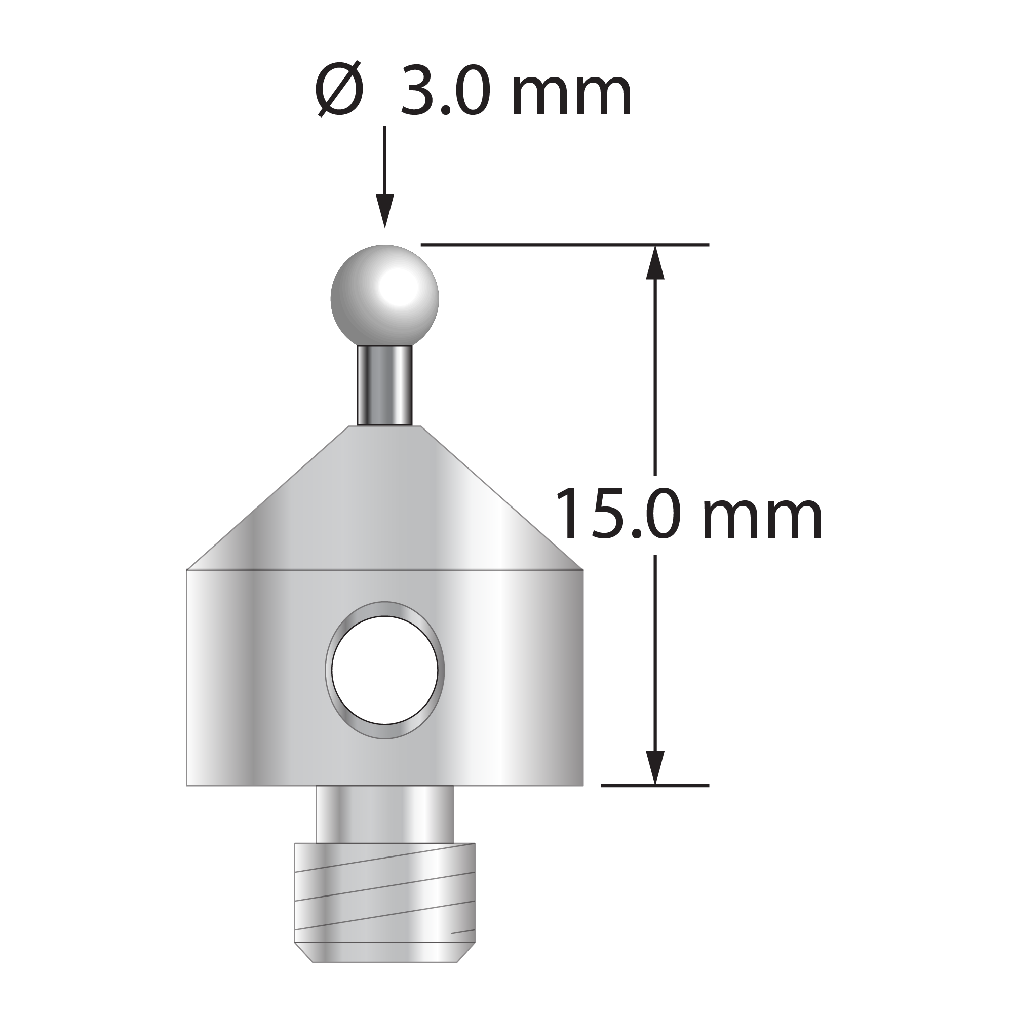 M5 stylus with 3.0 mm diameter zirconia ball, 1.5 mm diameter carbide stem, and 11.0 mm diameter x 10.0 mm long stainless steel base. Overall stylus length is 15.0 mm. Stylus weight is 5.63 grams.