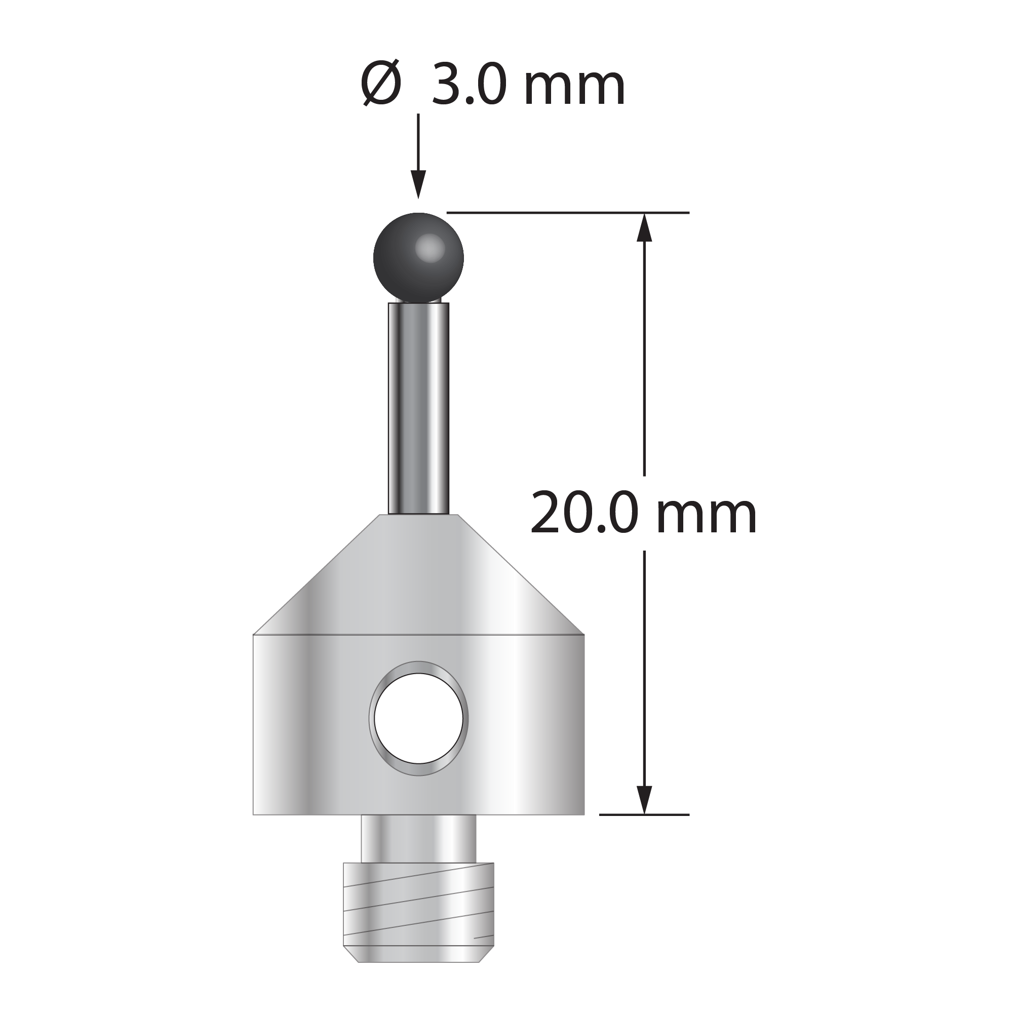 M5 stylus with 3.0 mm diameter silicon nitride ball, 2.0 mm diameter carbide stem, and 11.0 mm diameter x 10.0 mm long stainless steel base. Overall stylus length is 20.0 mm. Stylus weight is 6.17 grams. Compare to Zeiss 626115-0302-020.