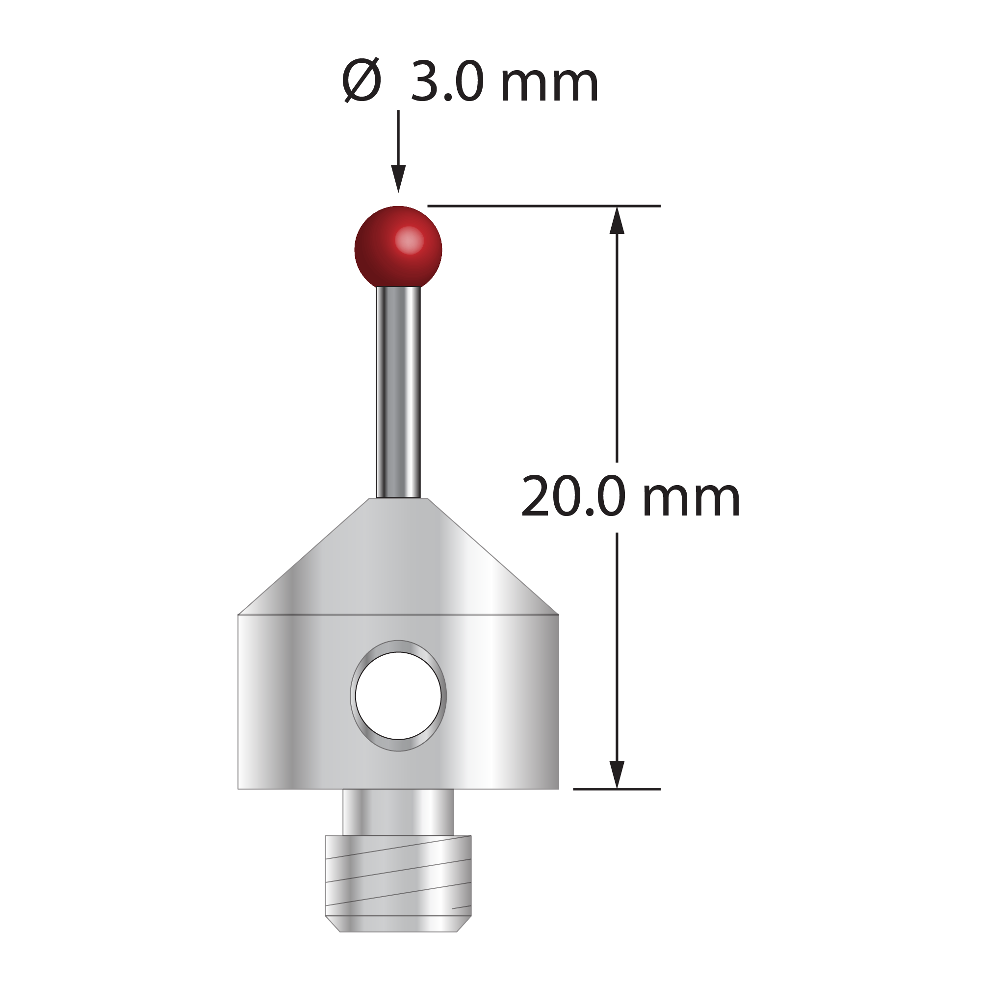 M5 stylus with 3.0 mm diameter ruby ball, 1.5 mm diameter carbide stem, and 11.0 mm diameter x 10.0 mm long titanium base. Overall stylus length is 20.0 mm. Stylus weight is 3.75 grams. Compare to ITP TH M5 030 11 020.
