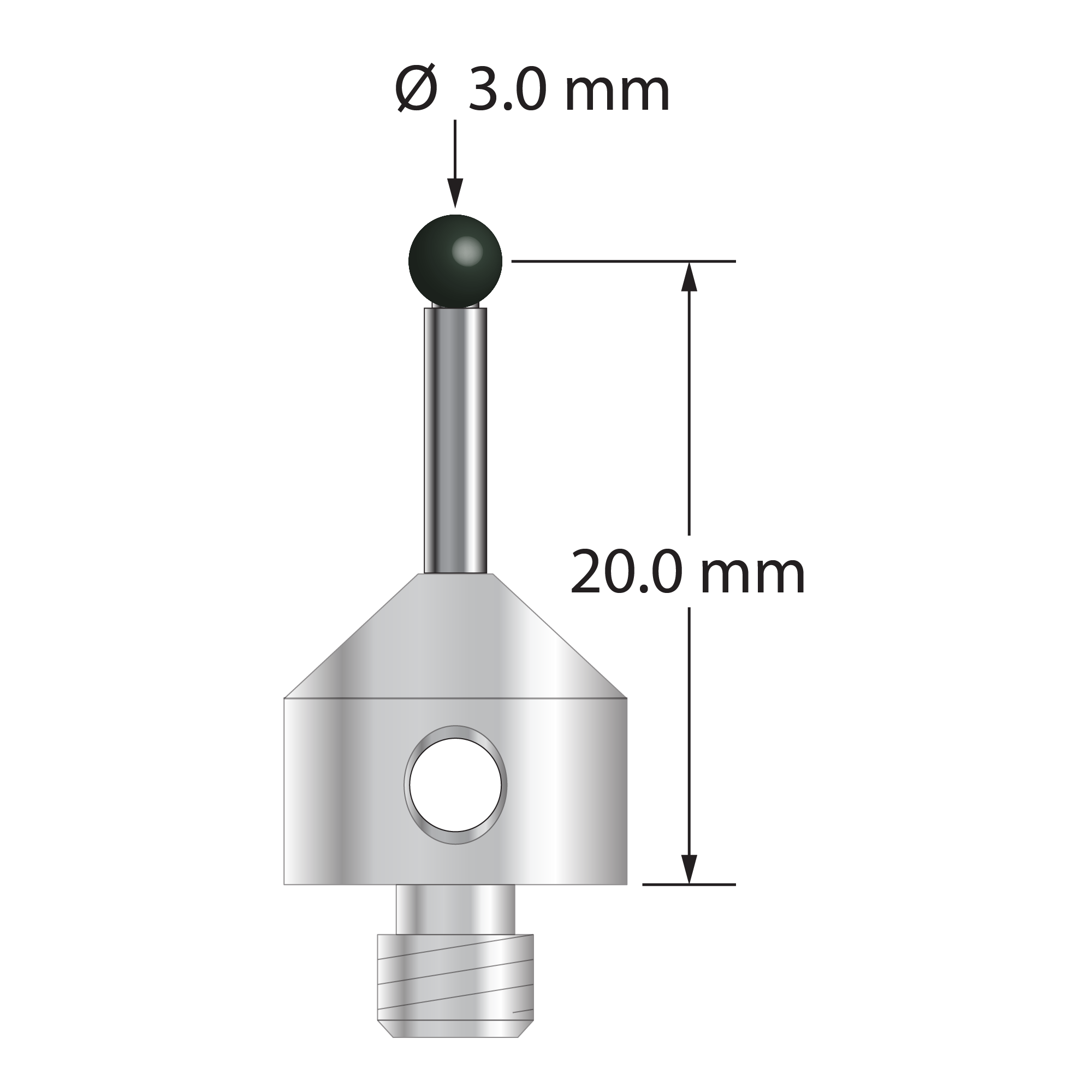 M5 stylus with 3.0 mm diameter silicon nitride ball, 2.0 mm diameter carbide stem, and 11.0 mm diameter x 10.0 mm long stainless steel base. Stylus length to ball center is 20.0 mm. Stylus weight is 5.91 grams.