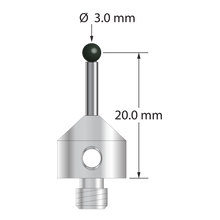 M5 stylus with 3.0 mm diameter silicon nitride ball, 2.0 mm diameter carbide stem, and 11.0 mm diameter x 10.0 mm long stainless steel base. Stylus length to ball center is 20.0 mm. Stylus weight is 5.91 grams.
