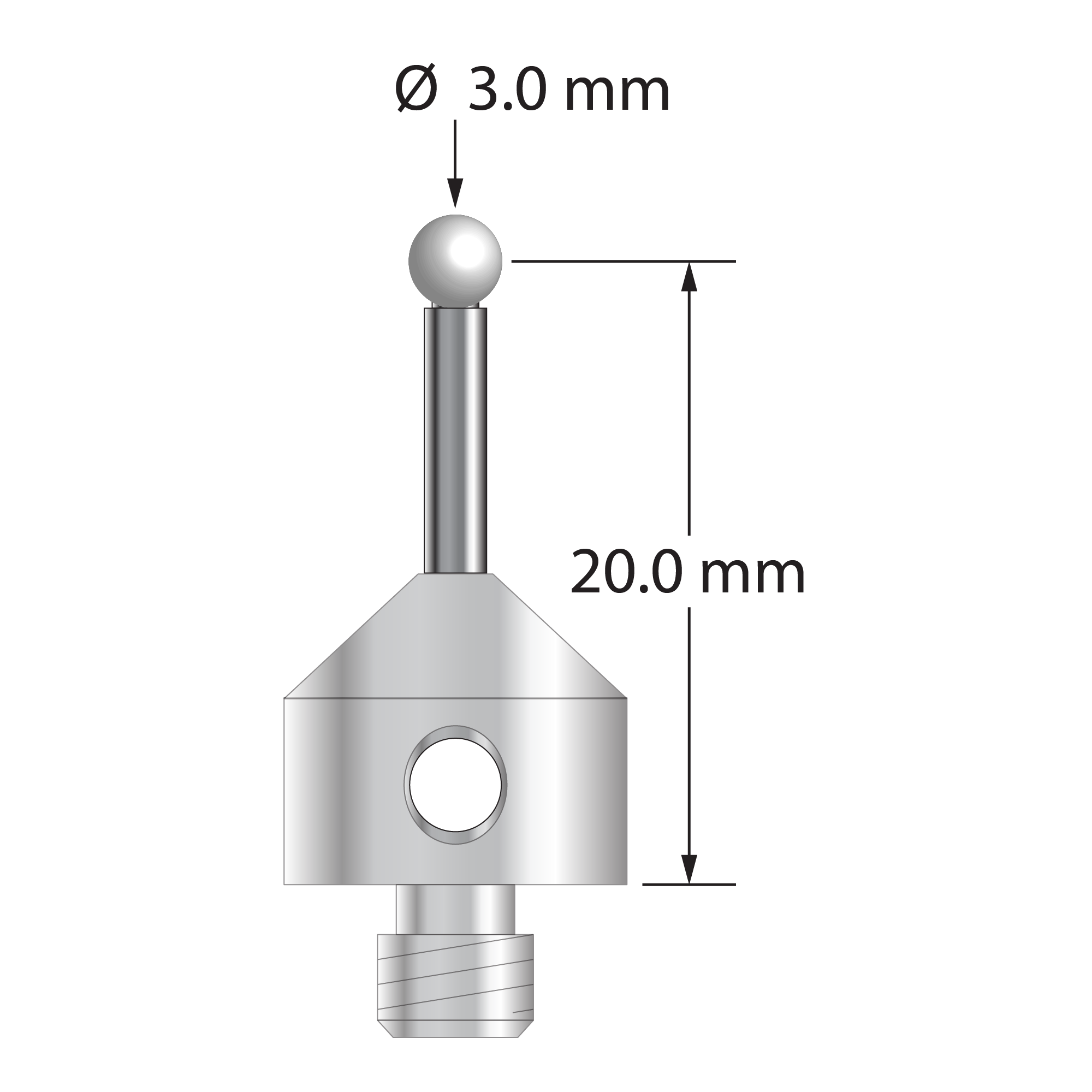 M5 stylus with 3.0 mm diameter zirconia ball, 2.0 mm diameter carbide stem, and 11.0 mm diameter x 10.0 mm long stainless steel base. Stylus length to ball center is 20.0 mm. Stylus weight is 5.91 grams.