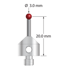 M5 stylus with 3.0 mm diameter ruby ball, 2.0 mm diameter carbide stem, and 11.0 mm diameter x 10.0 mm long stainless steel base. Stylus length to ball center is 20.0 mm. Stylus weight is 5.91 grams. Compare to Renishaw A-5003-5208.