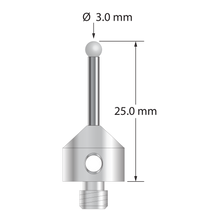 M5 stylus with 3.0 mm diameter solid diamond sphere, 2.0 mm diameter carbide stem, and 11.0 mm diameter x 10.0 mm long stainless steel base. Overall stylus length is 25.0 mm. Stylus weight is 6.01 grams. Compare to Zeiss 626115-0309-025.