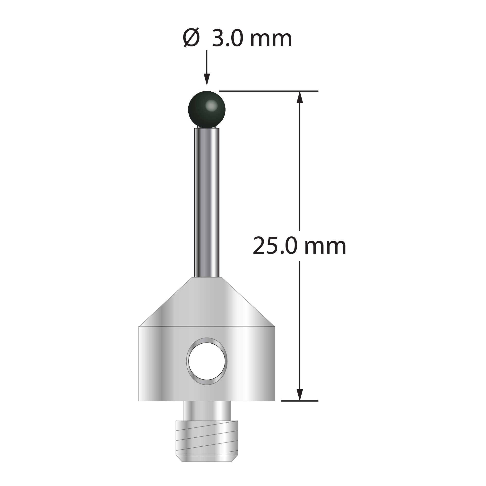 M5 stylus with 3.0 mm diameter silicon nitride ball, 2.0 mm diameter carbide stem, and 11.0 mm diameter x 10.0 mm long stainless steel base. Overall stylus length is 25.0 mm. Stylus weight is 6.37 grams. Compare to Zeiss 626115-0303-025 and Renishaw A-5555-3785.