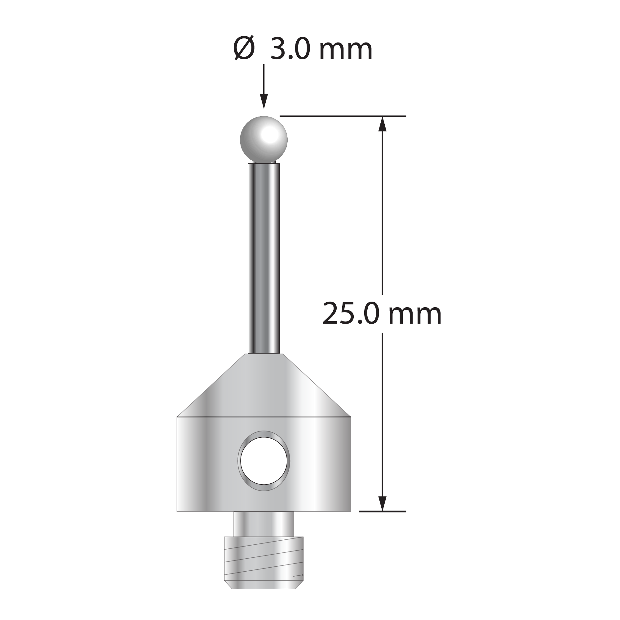 M5 stylus with 3.0 mm diameter zirconia ball, 2.0 mm diameter carbide stem, and 11.0 mm diameter x 10.0 mm long stainless steel base. Overall stylus length is 25.0 mm. Stylus weight is 6.37 grams.