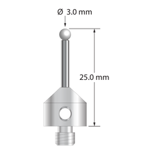 M5 stylus with 3.0 mm diameter zirconia ball, 2.0 mm diameter carbide stem, and 11.0 mm diameter x 10.0 mm long stainless steel base. Overall stylus length is 25.0 mm. Stylus weight is 6.37 grams.