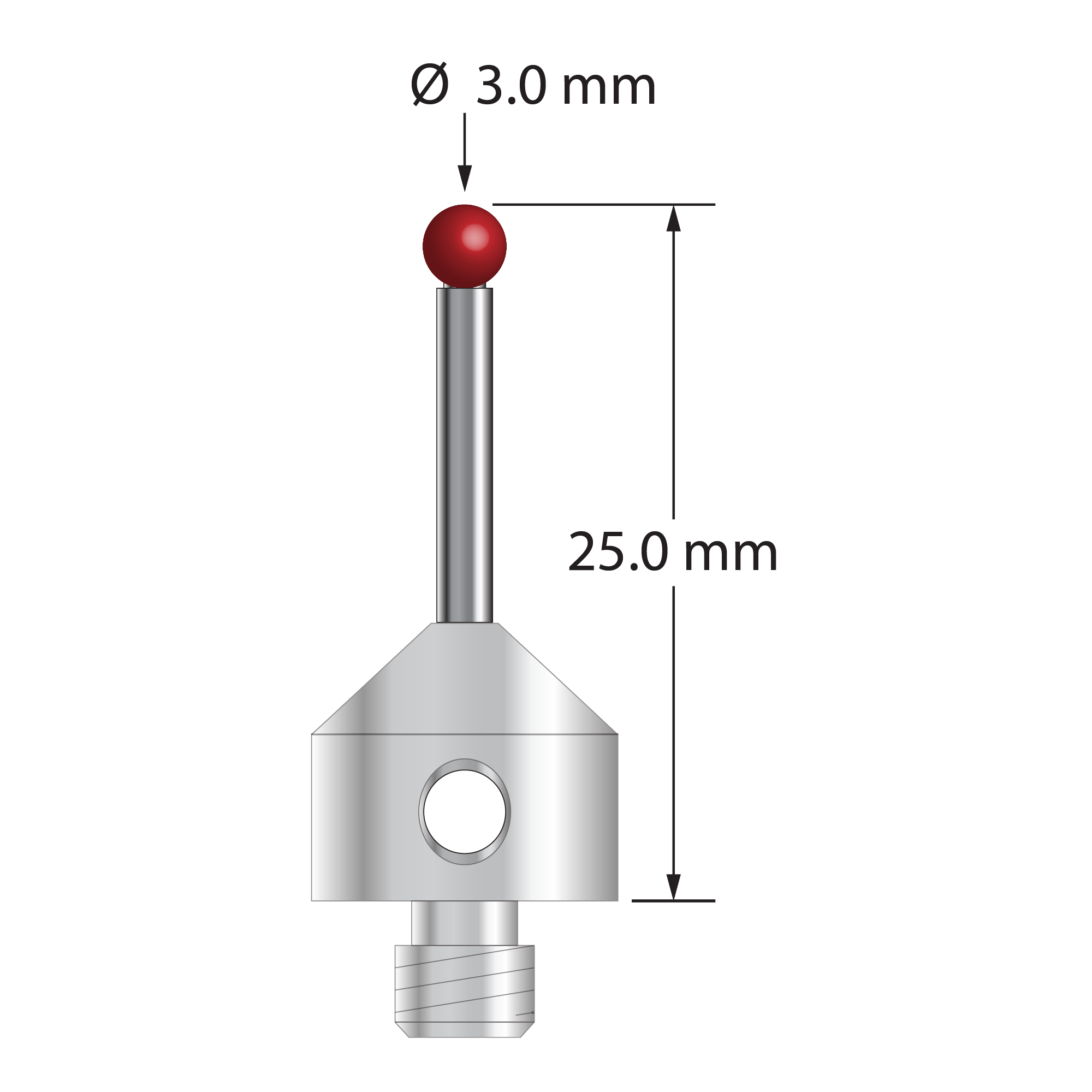 M5 stylus with 3.0 mm diameter ruby ball, 2.0 mm diameter carbide stem, and 11.0 mm diameter x 10.0 mm long stainless steel base. Overall stylus length is 25.0 mm. Stylus weight is 6.37 grams. Compare to Zeiss 602030-9010-000 and Renishaw A-5555-0018.