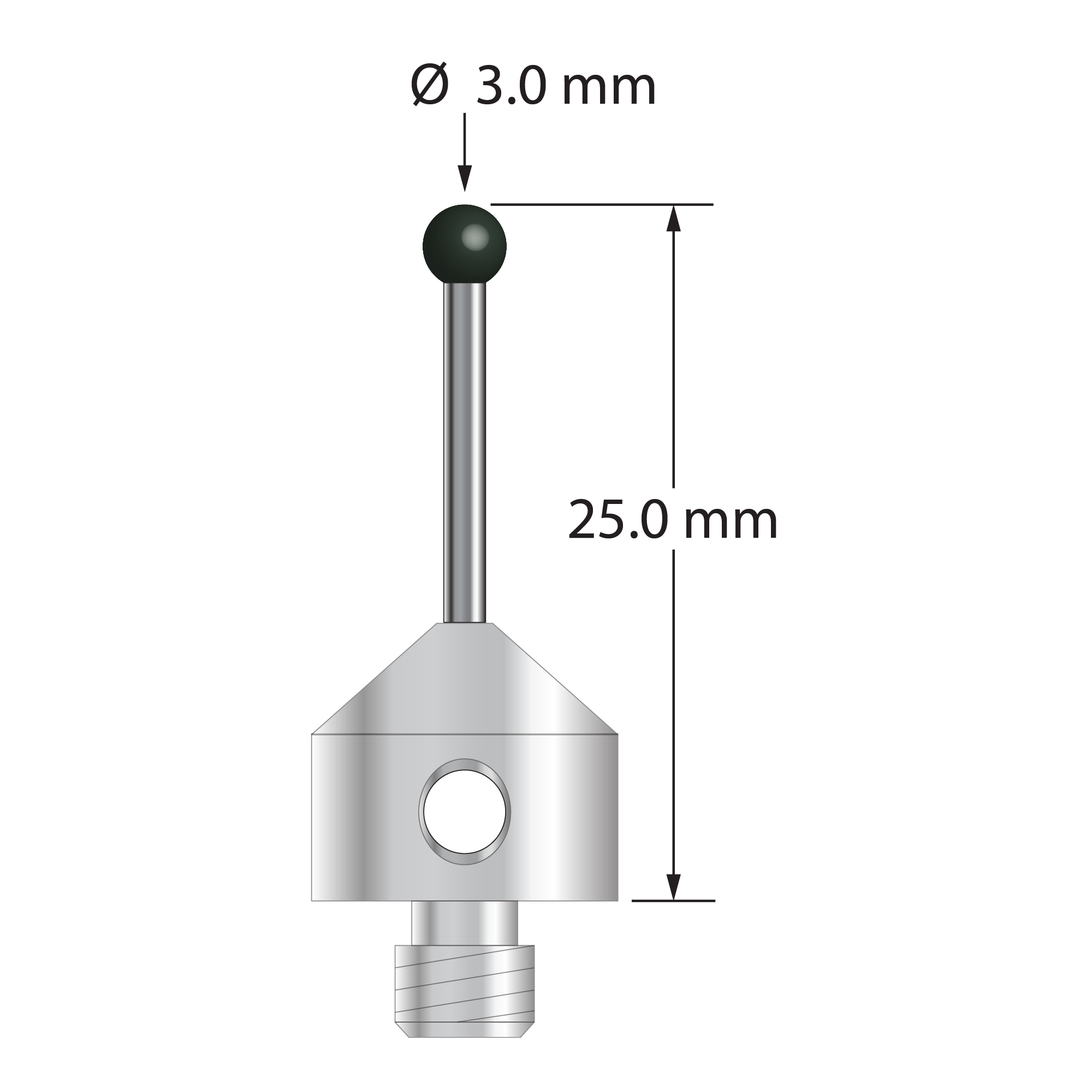 M5 stylus with 3.0 mm diameter silicon nitride ball, 1.5 mm diameter carbide stem, and 11.0 mm diameter x 10.0 mm long stainless steel base. Overall stylus length is 25.0 mm. Stylus weight is 6.01 grams.