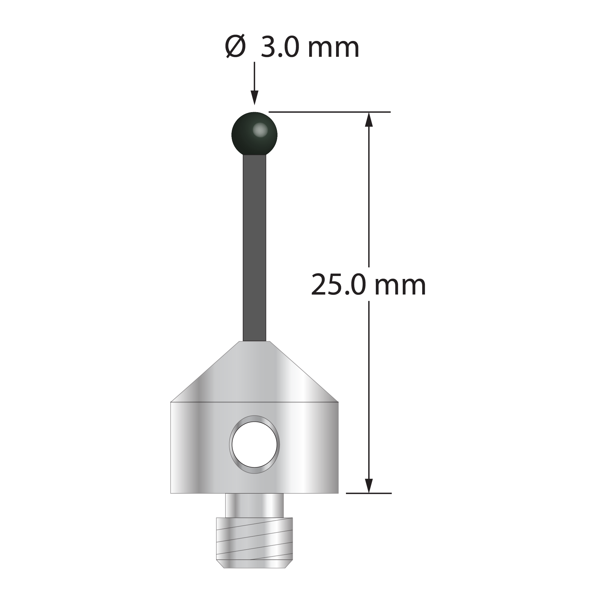 Low weight M5 stylus with 3.0 mm diameter silicon nitride ball, 2.0 mm diameter Therm-X carbon fiber stem, and 11.0 mm diameter x 10.0 mm long titanium base. Overall stylus length is 25.0 mm. Stylus weight is 3.34 grams.