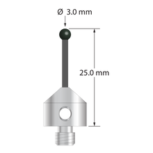 Low weight M5 stylus with 3.0 mm diameter silicon nitride ball, 2.0 mm diameter Therm-X carbon fiber stem, and 11.0 mm diameter x 10.0 mm long titanium base. Overall stylus length is 25.0 mm. Stylus weight is 3.34 grams.