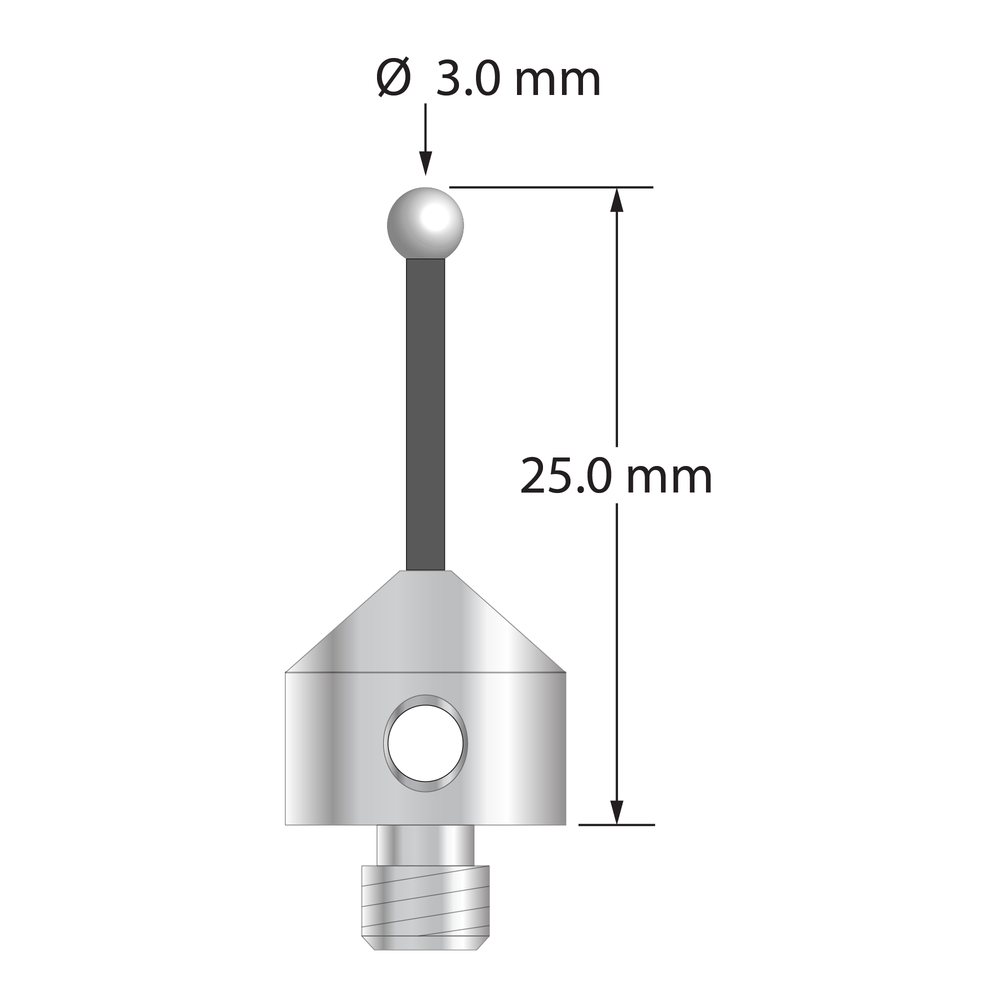 Low weight M5 stylus with 3.0 mm diameter zirconia ball, 2.0 mm diameter Therm-X carbon fiber stem, and 11.0 mm diameter x 10.0 mm long titanium base. Overall stylus length is 25.0 mm. Stylus weight is 3.34 grams.