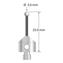 Low weight M5 stylus with 3.0 mm diameter zirconia ball, 2.0 mm diameter Therm-X carbon fiber stem, and 11.0 mm diameter x 10.0 mm long titanium base. Overall stylus length is 25.0 mm. Stylus weight is 3.34 grams.