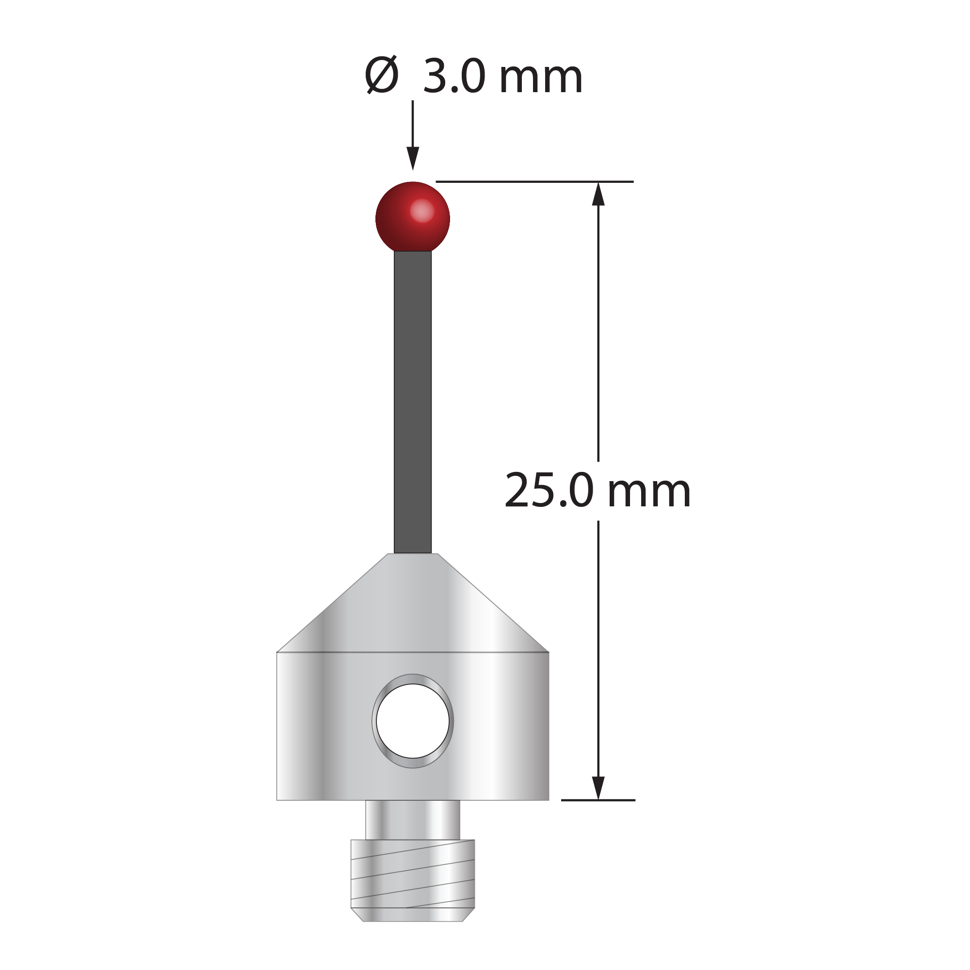 Low weight M5 stylus with 3.0 mm diameter ruby ball, 2.0 mm diameter Therm-X carbon fiber stem, and 11.0 mm diameter x 10.0 mm long titanium base. Overall stylus length is 25.0 mm. Stylus weight is 3.34 grams. Compare to Zeiss 626105-0300-025 and Renishaw A-5555-1916.