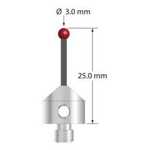 Low weight M5 stylus with 3.0 mm diameter ruby ball, 2.0 mm diameter Therm-X carbon fiber stem, and 11.0 mm diameter x 10.0 mm long titanium base. Overall stylus length is 25.0 mm. Stylus weight is 3.34 grams. Compare to Zeiss 626105-0300-025 and Renishaw A-5555-1916.