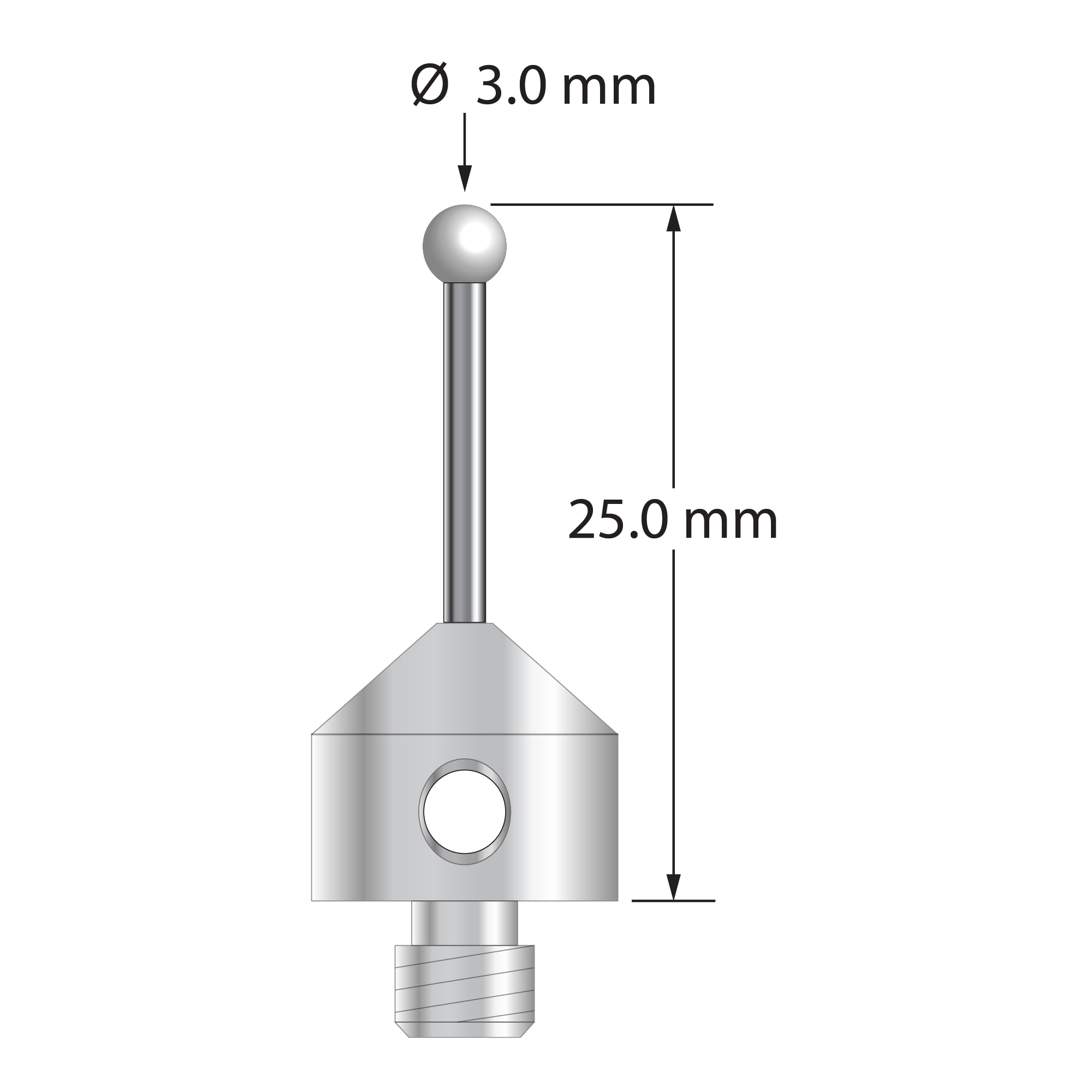 M5 stylus with 3.0 mm diameter zirconia ball, 1.5 mm diameter carbide stem, and 11.0 mm diameter x 10.0 mm long stainless steel base. Overall stylus length is 25.0 mm. Stylus weight is 6.01 grams.