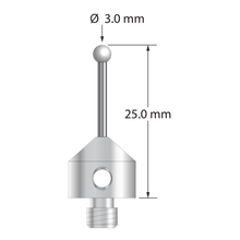 M5 stylus with 3.0 mm diameter zirconia ball, 1.5 mm diameter carbide stem, and 11.0 mm diameter x 10.0 mm long stainless steel base. Overall stylus length is 25.0 mm. Stylus weight is 6.01 grams.