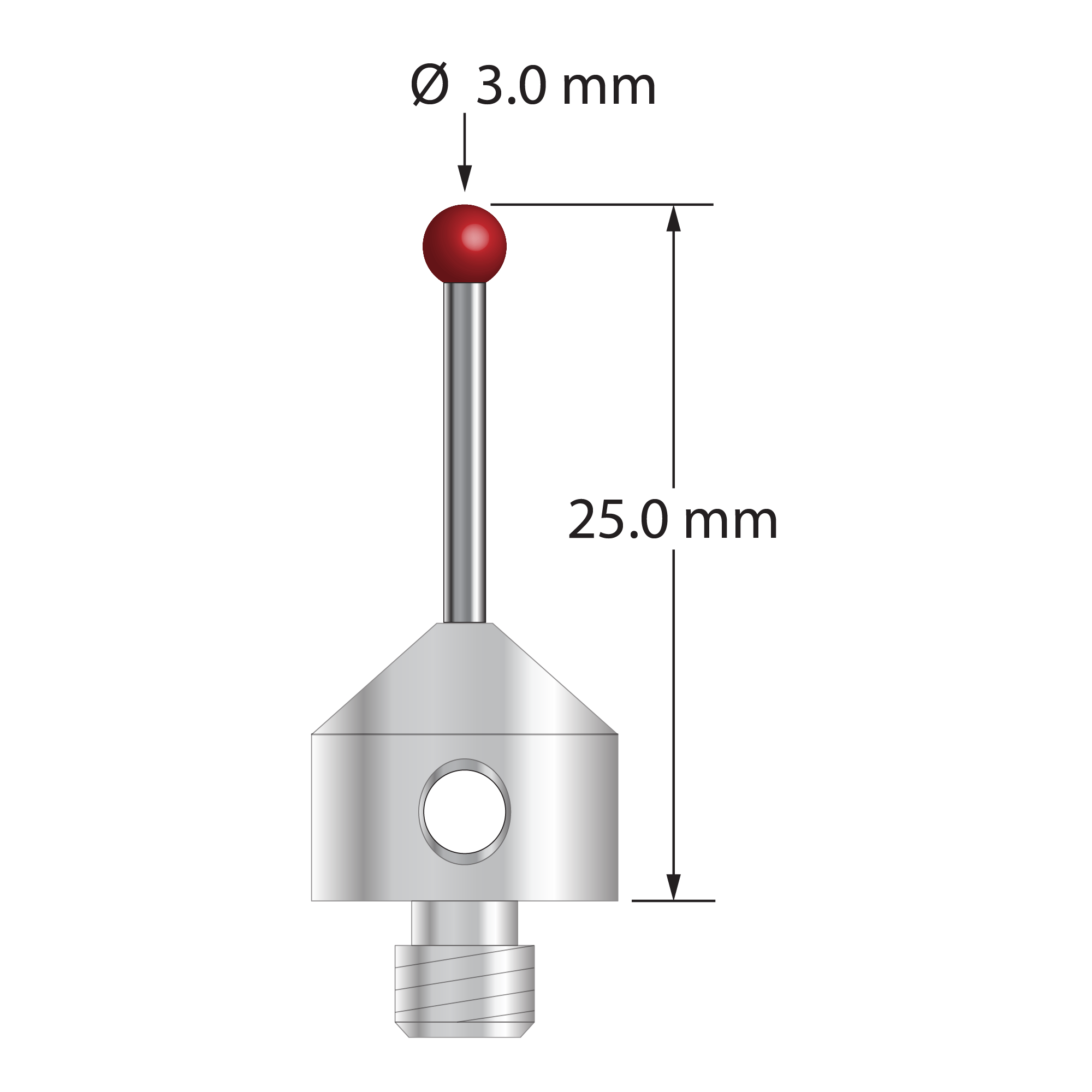 M5 stylus with 3.0 mm diameter ruby ball, 1.5 mm diameter carbide stem, and 11.0 mm diameter x 10.0 mm long stainless steel base. Overall stylus length is 25.0 mm. Stylus weight is 6.01 grams.
