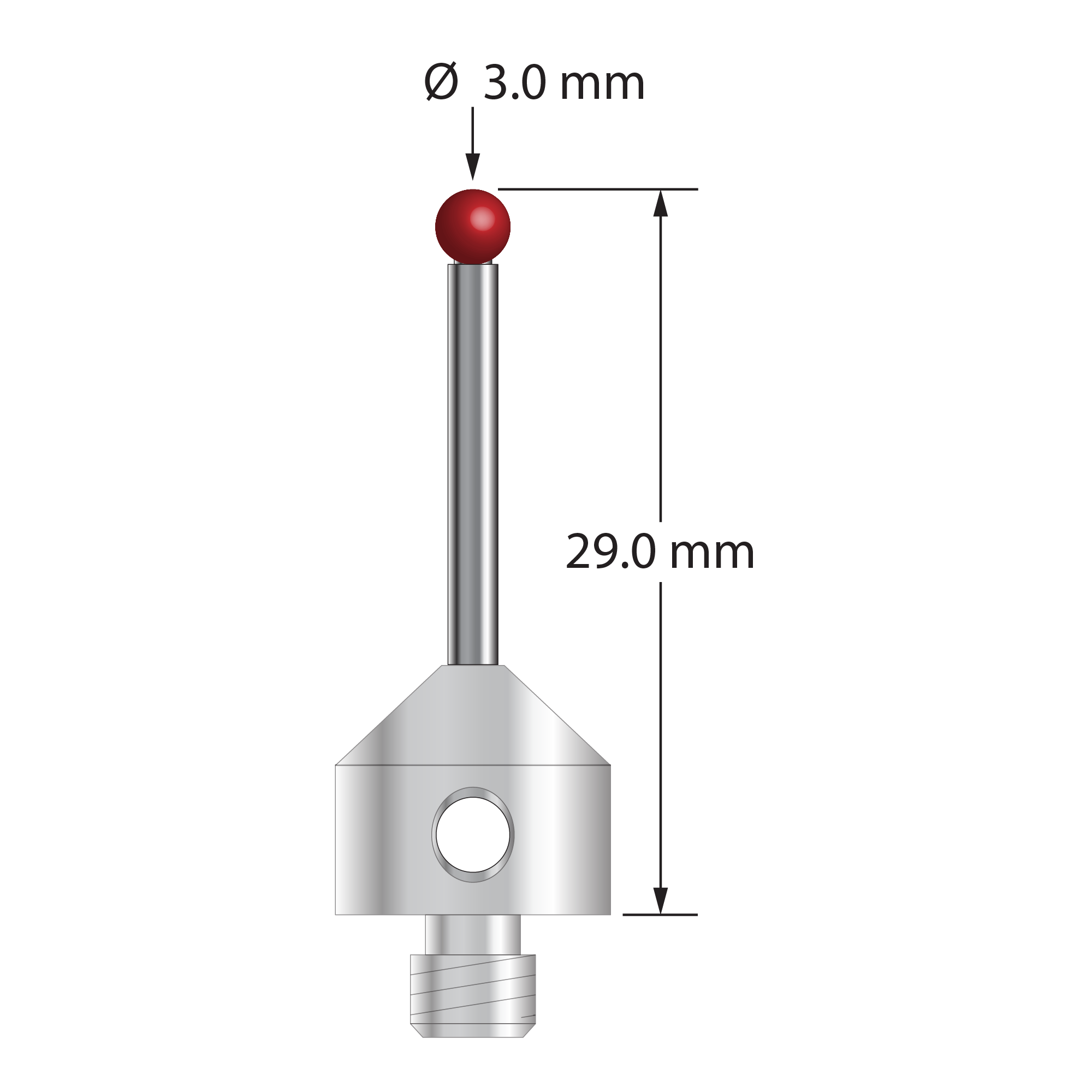 M5 stylus with 3.0 mm diameter ruby ball, 2.0 mm diameter carbide stem, and 11.0 mm diameter x 10.0 mm long stainless steel base. Overall stylus length is 29.0 mm. Stylus weight is 6.57 grams.