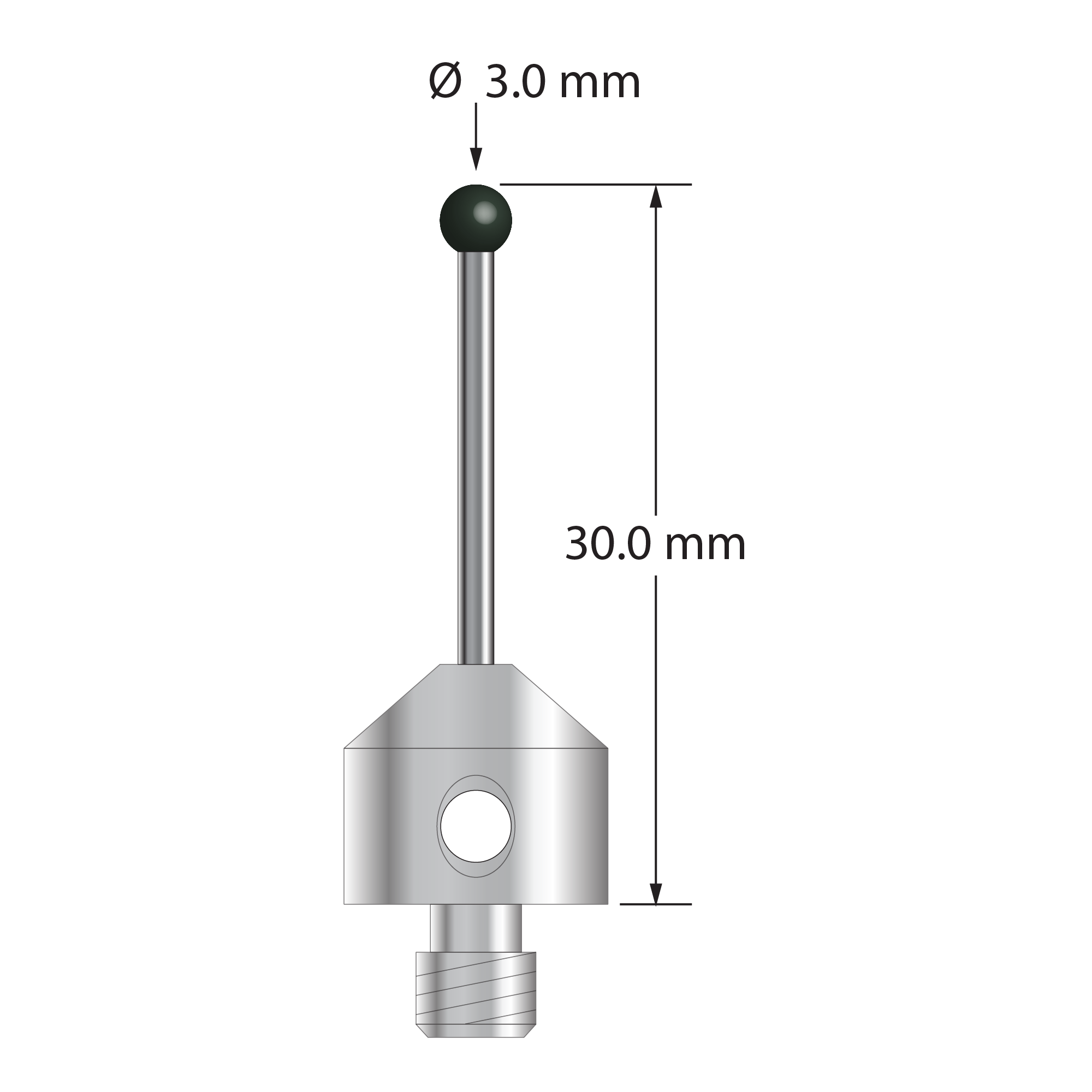 M5 stylus with 3.0 mm diameter silicon nitride ball, 1.5 mm diameter carbide stem, and 11.0 mm diameter x 10.0 mm long stainless steel base. Overall stylus length is 30.0 mm. Stylus weight is 6.21 grams. Compare to Zeiss 626115-0301-030.