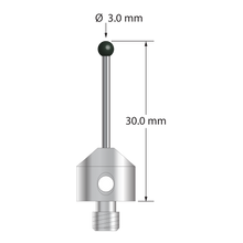 M5 stylus with 3.0 mm diameter silicon nitride ball, 1.5 mm diameter carbide stem, and 11.0 mm diameter x 10.0 mm long stainless steel base. Overall stylus length is 30.0 mm. Stylus weight is 6.21 grams. Compare to Zeiss 626115-0301-030.
