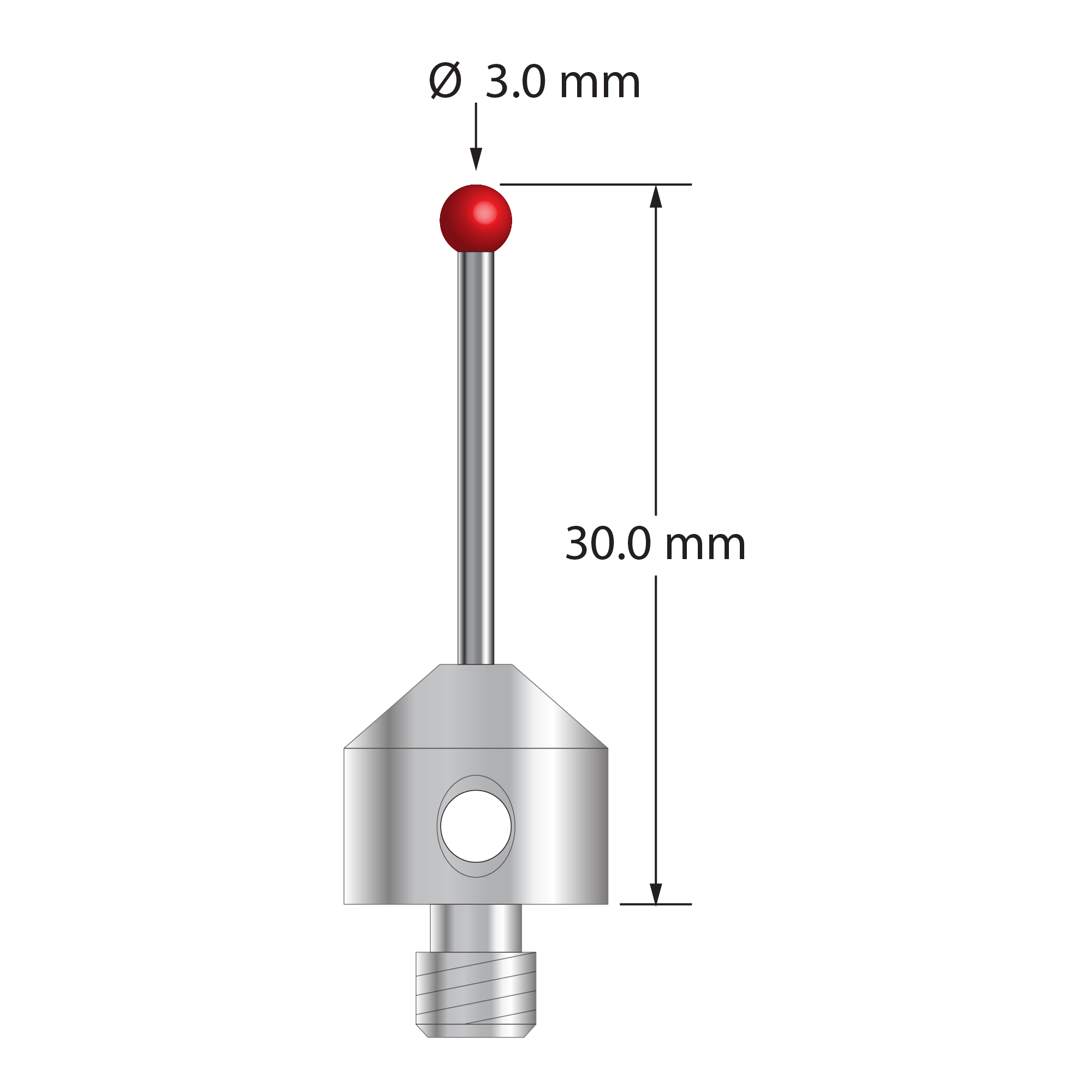 M5 stylus with 3.0 mm diameter ruby ball, 1.5 mm diameter carbide stem, and 11.0 mm diameter x 10.0 mm long stainless steel base. Overall stylus length is 30.0 mm. Stylus weight is 6.21 grams. Compare to Zeiss 626115-0300-030.