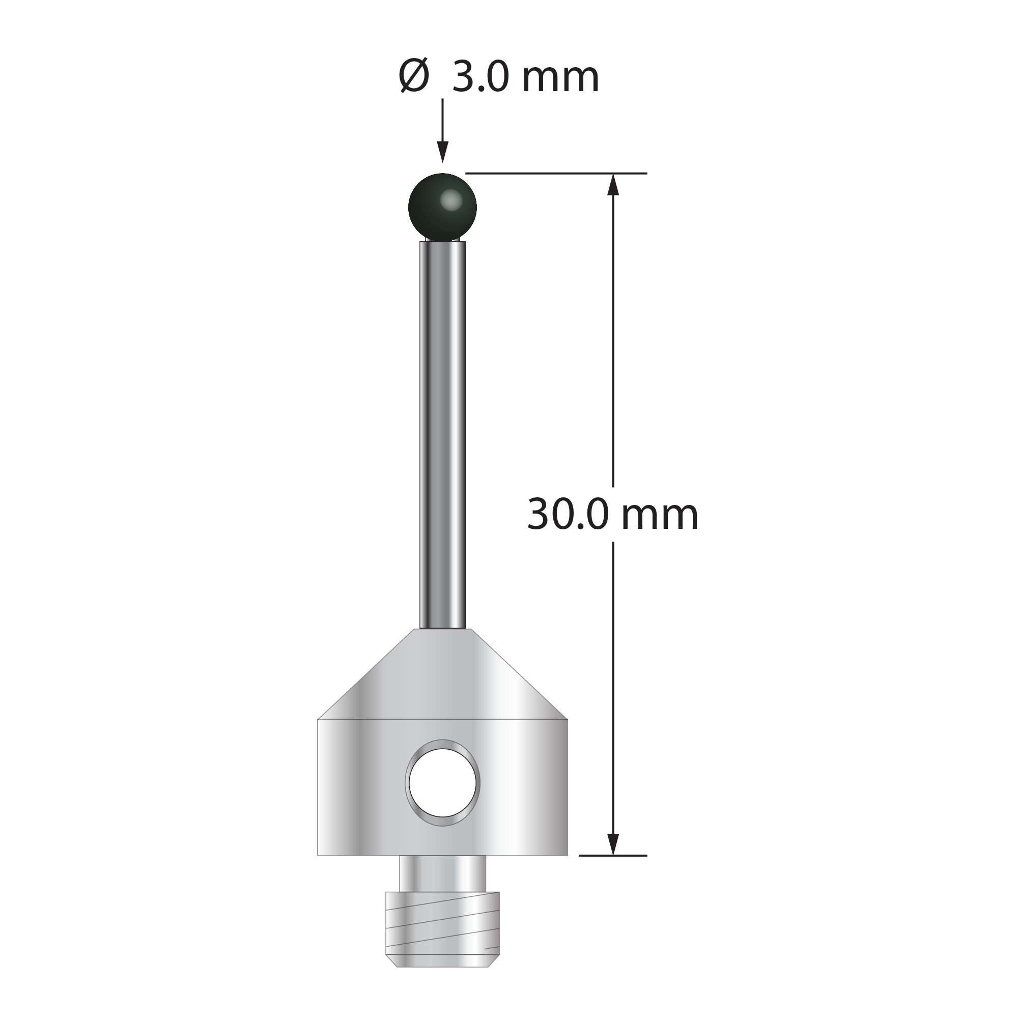 M5 stylus with 3.0 mm diameter silicon nitride ball, 2.0 mm diameter carbide stem, and 11.0 mm diameter x 10.0 mm long stainless steel base. Overall stylus length is 30.0 mm. Stylus weight is 6.61 grams.