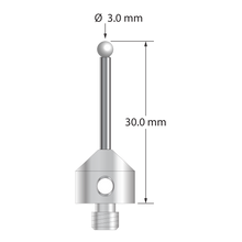 M5 stylus with 3.0 mm diameter zirconia ball, 2.0 mm diameter carbide stem, and 11.0 mm diameter x 10.0 mm long stainless steel base. Overall stylus length is 30.0 mm. Stylus weight is 6.61 grams.