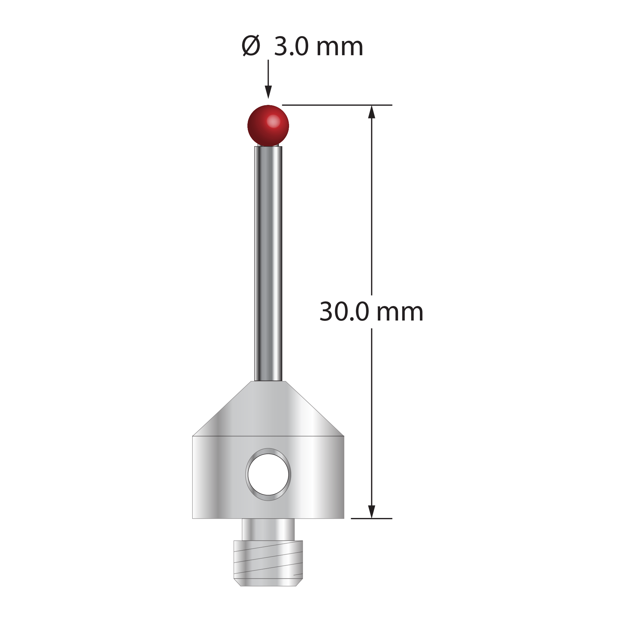M5 stylus with 3.0 mm diameter ruby ball, 2.0 mm diameter carbide stem, and 11.0 mm diameter x 10.0 mm long stainless steel base. Overall stylus length is 30.0 mm. Stylus weight is 6.61 grams.