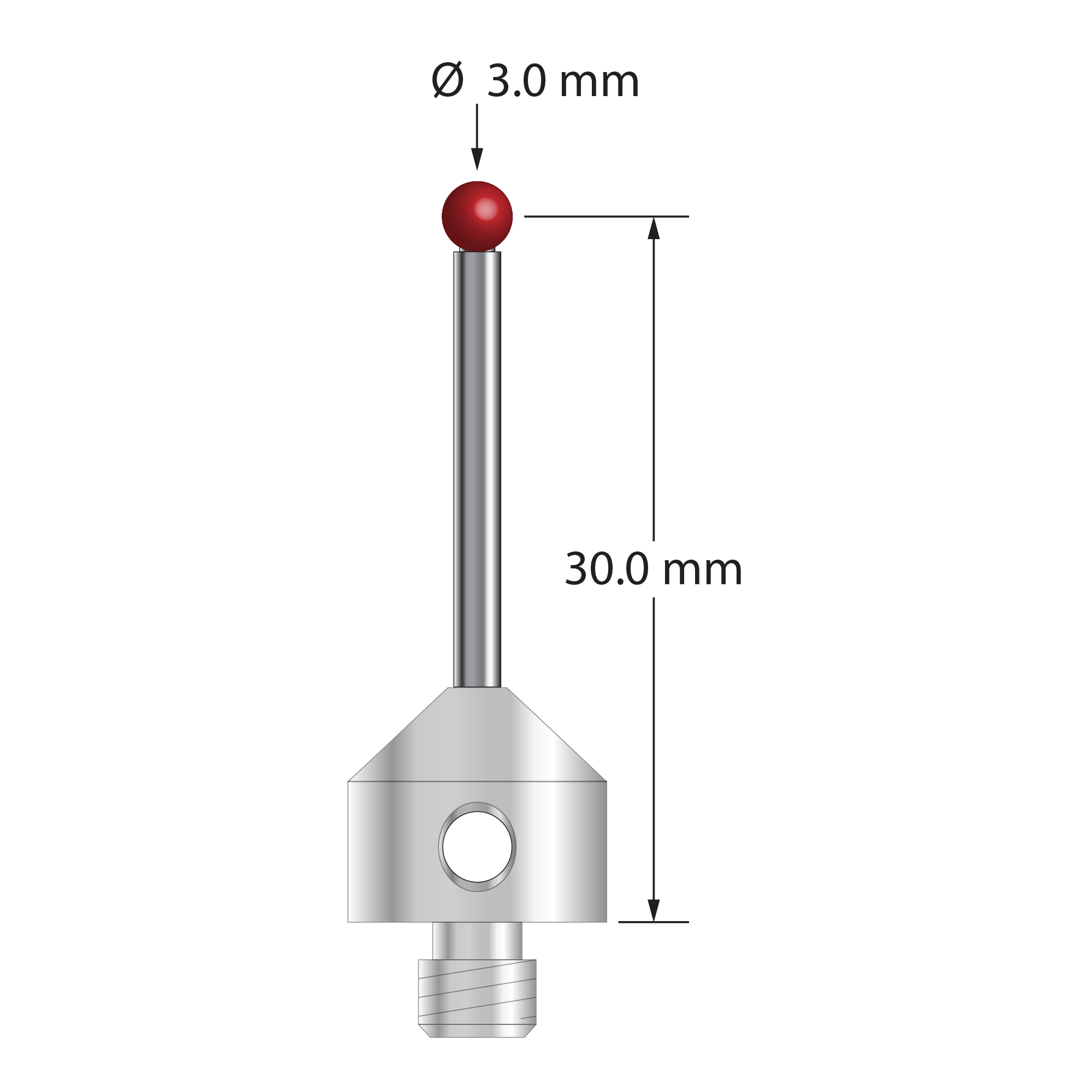 M5 stylus with 3.0 mm diameter ruby ball, 2.0 mm diameter carbide stem, and 11.0 mm diameter x 10.0 mm long stainless steel base. Stylus length to ball center is 30.0 mm. Stylus weight is 6.68 grams. Compare to Renishaw A-5003-5218.