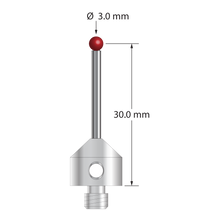 M5 stylus with 3.0 mm diameter ruby ball, 2.0 mm diameter carbide stem, and 11.0 mm diameter x 10.0 mm long stainless steel base. Stylus length to ball center is 30.0 mm. Stylus weight is 6.68 grams. Compare to Renishaw A-5003-5218.