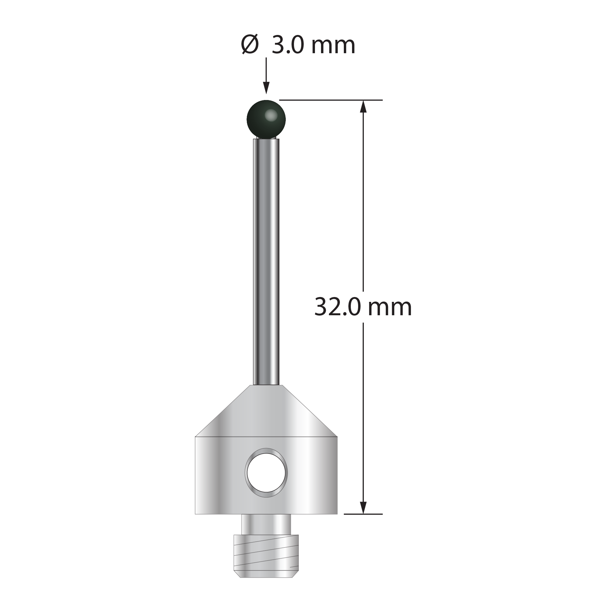 M5 stylus with 3.0 mm diameter silicon nitride ball, 2.0 mm diameter carbide stem, and 11.0 mm diameter x 10.0 mm long stainless steel base. Overall stylus length is 32.0 mm. &nbsp;Stylus weight is 6.65 grams.