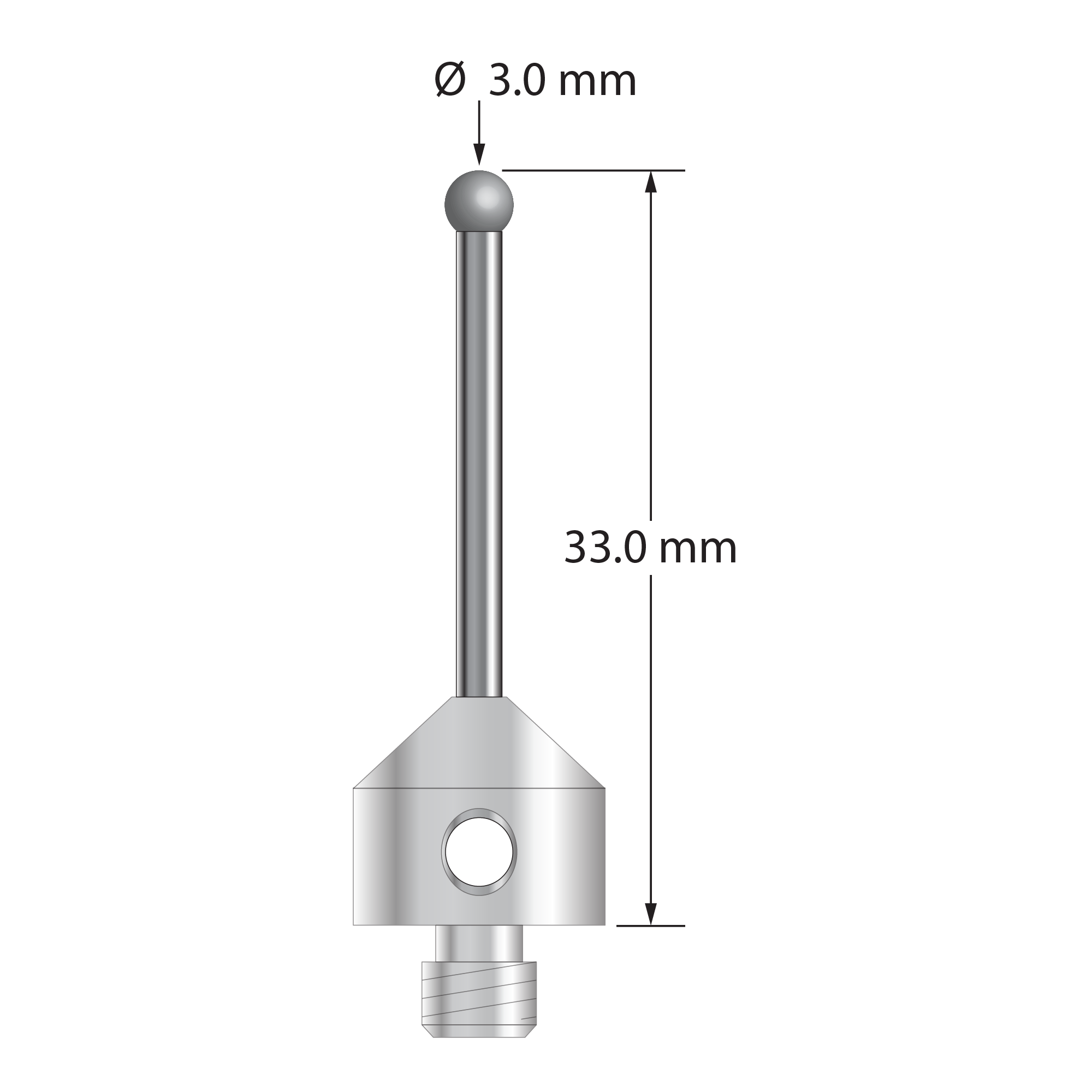 M5 stylus with 3.0 mm diameter solid diamond sphere, 2.0 mm diameter carbide stem, and 11.0 mm diameter x 10.0 mm long stainless steel base. Overall stylus length is 33.0 mm. Stylus weight is 6.75 grams. Compare to Zeiss 626115-0309-033.