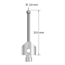 M5 stylus with 3.0 mm diameter solid diamond sphere, 2.0 mm diameter carbide stem, and 11.0 mm diameter x 10.0 mm long stainless steel base. Overall stylus length is 33.0 mm. Stylus weight is 6.75 grams. Compare to Zeiss 626115-0309-033.
