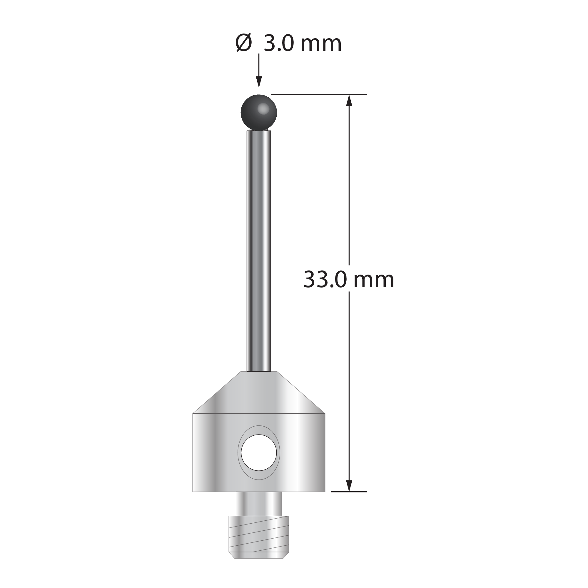 M5 stylus with 3.0 mm diameter silicon nitride ball, 2.0 mm diameter carbide stem, 11.0 mm diameter x 10.0 mm long stainless steel base. Overall stylus length is 33.0 mm. Stylus weight is 6.75 grams. Compare to Renishaw A-5555-3786 and Zeiss 626115-0300-033.
