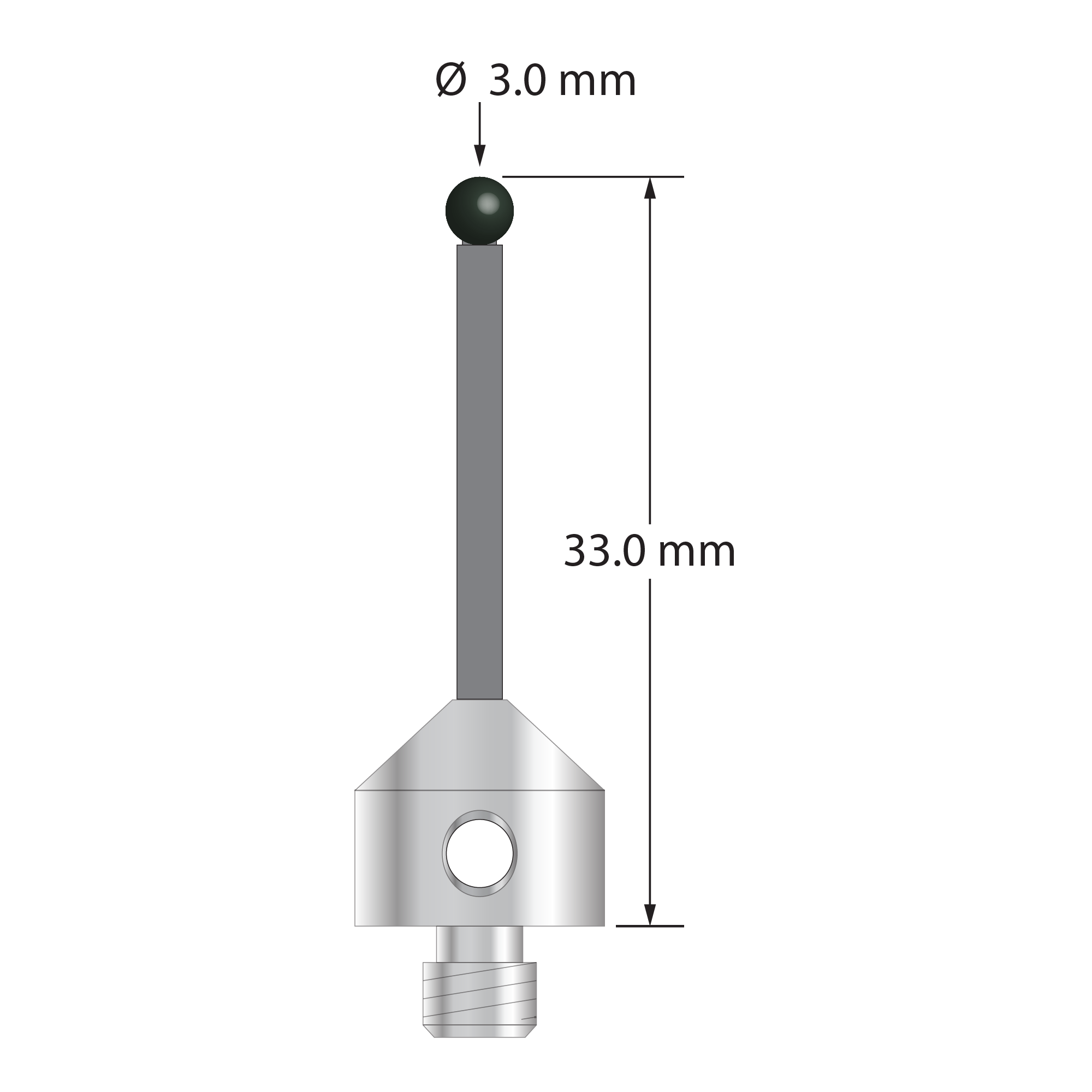 Low weight M5 stylus with 3.0 mm diameter silicon nitride ball, 2.0 mm diameter Therm-X carbon fiber stem, and 11.0 mm diameter x 10.0 mm long titanium base. Overall stylus length is 33.0 mm. Stylus weight is 3.37 grams. Compare to Zeiss 626105-0301-033.