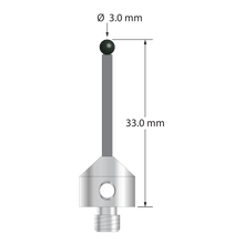Low weight M5 stylus with 3.0 mm diameter silicon nitride ball, 2.0 mm diameter Therm-X carbon fiber stem, and 11.0 mm diameter x 10.0 mm long titanium base. Overall stylus length is 33.0 mm. Stylus weight is 3.37 grams. Compare to Zeiss 626105-0301-033.