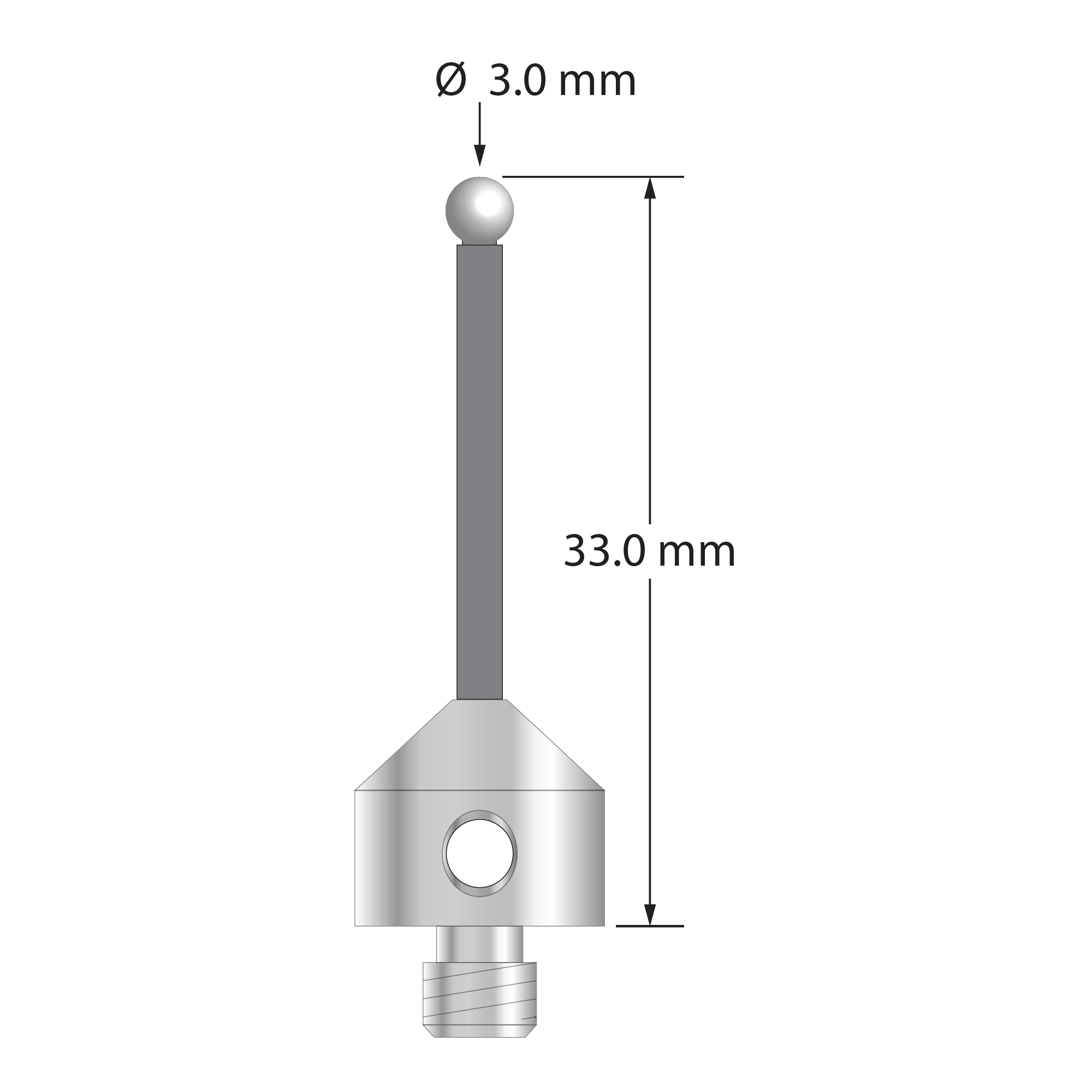 Low weight M5 stylus with 3.0 mm diameter zirconia ball, 2.0 mm diameter Therm-X carbon fiber stem, and 11.0 mm diameter x 10.0 mm long titanium base. Overall stylus length is 33.0 mm. Stylus weight is 3.37 grams.