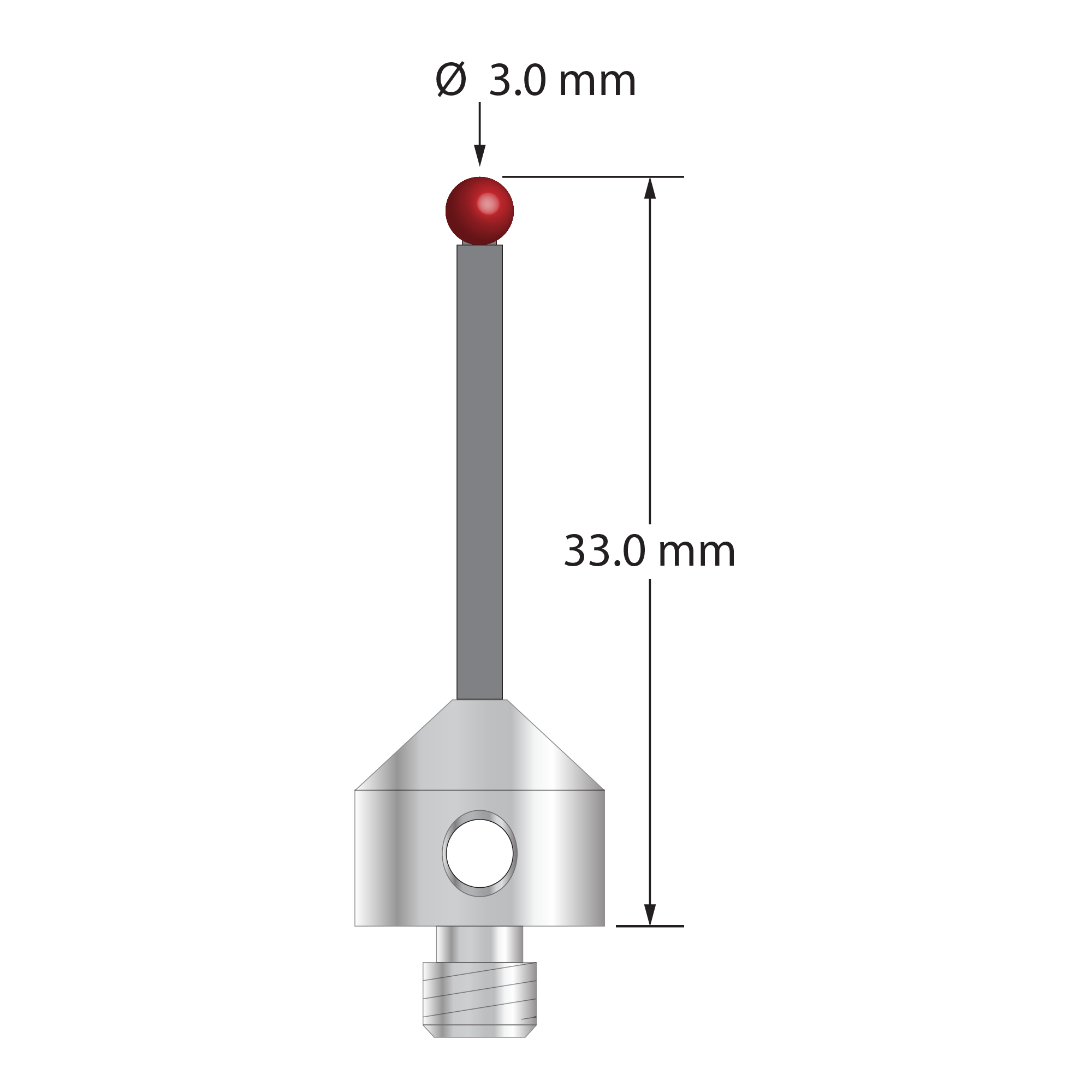 Low weight M5 stylus with 3.0 mm diameter ruby ball, 2.0 mm diameter Therm-X carbon fiber stem, and 11.0 mm diameter x 10.0 mm long titanium base. Overall stylus length is 33.0 mm. Stylus weight is 3.37 grams. Compare to Zeiss 626105-0300-033 and Renishaw A-5555-1847.