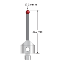 Low weight M5 stylus with 3.0 mm diameter ruby ball, 2.0 mm diameter Therm-X carbon fiber stem, and 11.0 mm diameter x 10.0 mm long titanium base. Overall stylus length is 33.0 mm. Stylus weight is 3.37 grams. Compare to Zeiss 626105-0300-033 and Renishaw A-5555-1847.
