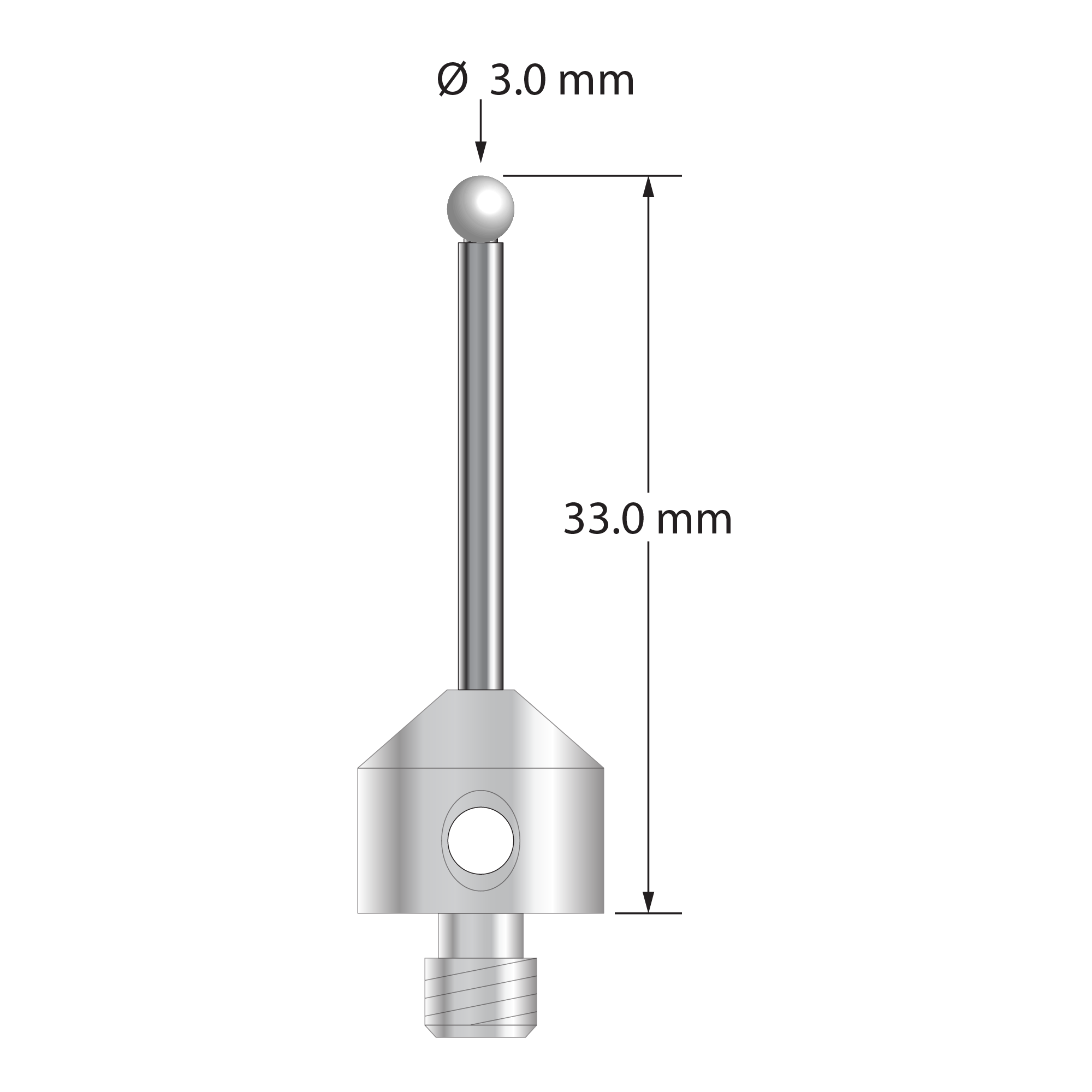 M5 stylus with 3.0 mm diameter zirconia ball, 2.0 mm diameter carbide stem, 11.0 mm diameter x 10.0 mm long stainless steel base. Overall stylus length is 33.0 mm. Stylus weight is 6.75 grams.