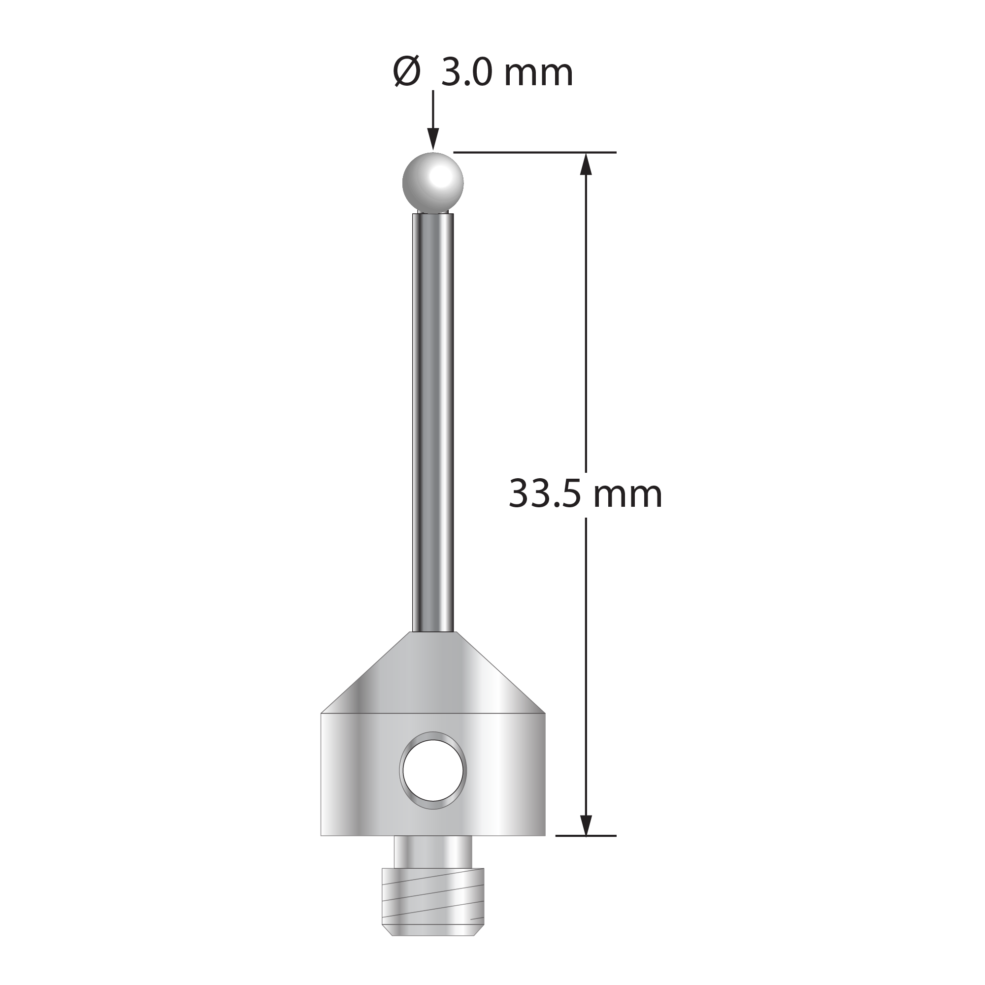 ATG-3033.5-Z M5 stylus with 3.0mm zirconia ball, carbide stem, and stainless steel base, 33.5mm long by Q-Mark Manufacturing, Inc.