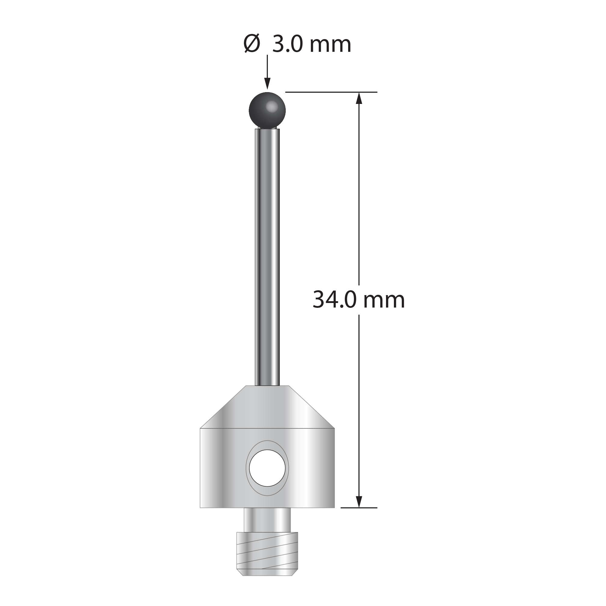 M5 stylus with 3.0 mm diameter silicon nitride ball, 2.0 mm diameter carbide stem, 11.0 mm diameter x 10.0 mm long stainless steel base. Overall stylus length is 34.0 mm. Stylus weight is 6.75 grams. Compare to Zeiss 626105-0305-034.