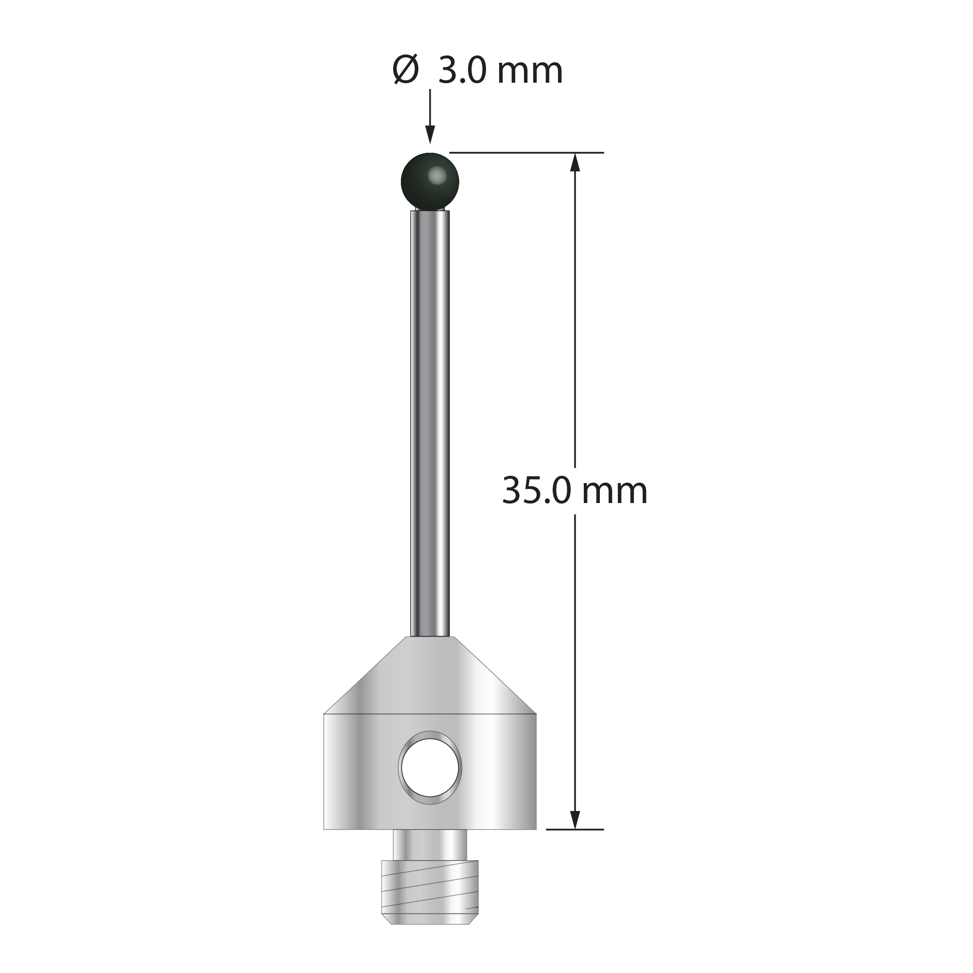 M5 stylus with 3.0 mm diameter silicon nitride ball, 2.0 mm diameter carbide stem, and 11.0 mm diameter x 10.0 mm long stainless steel base. Overall stylus length is 35.0 mm. Stylus weight is 6.84 grams.
